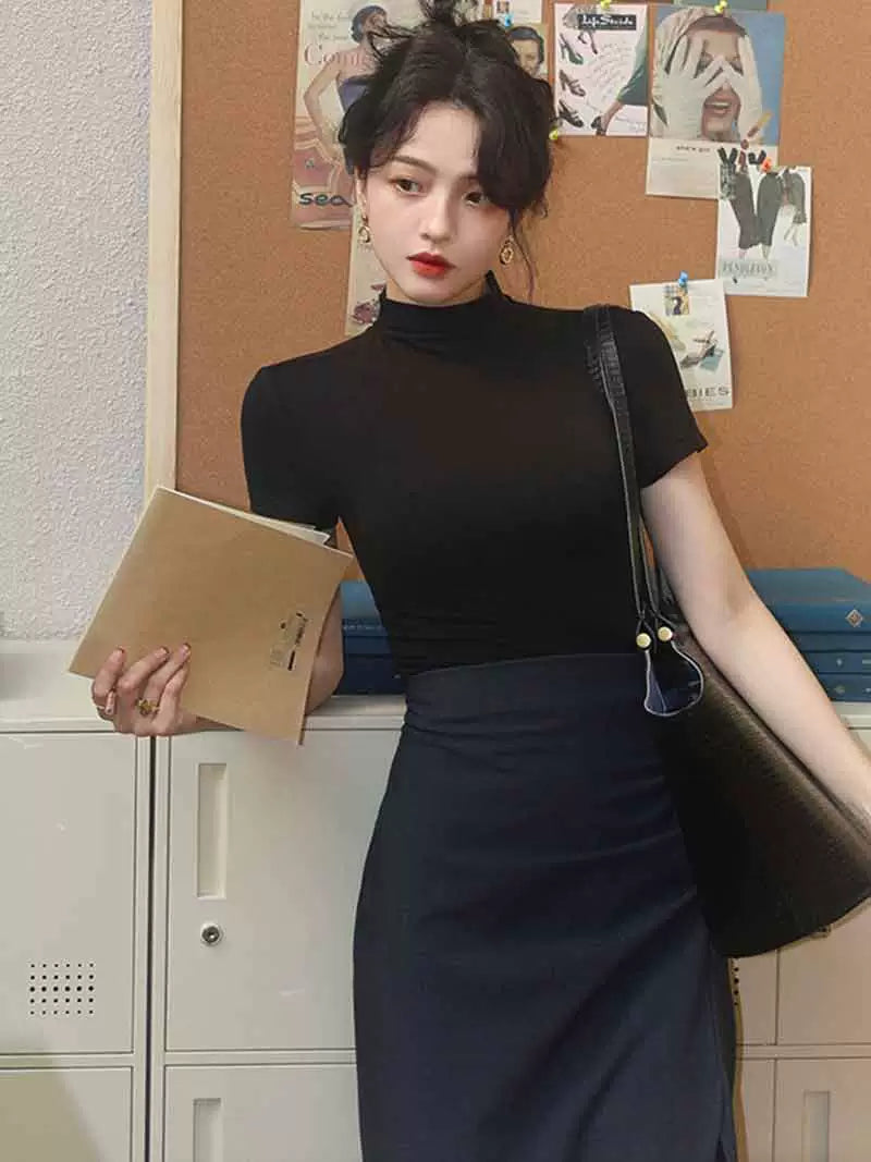 Black Short Sleeve Mock Neck Top