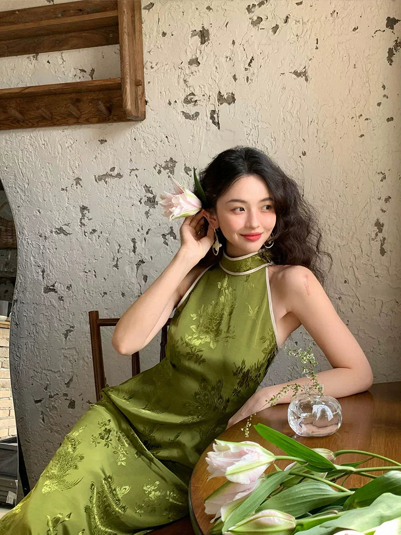Green Floral Halter Neck Cheongsam Dress