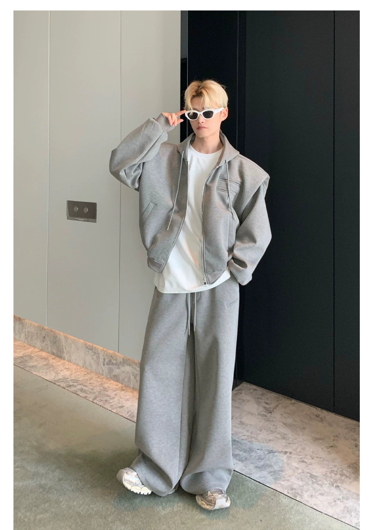 Shoulder-Padded Hoodie Jacket with Straight-Leg Pants Two-Piece Set