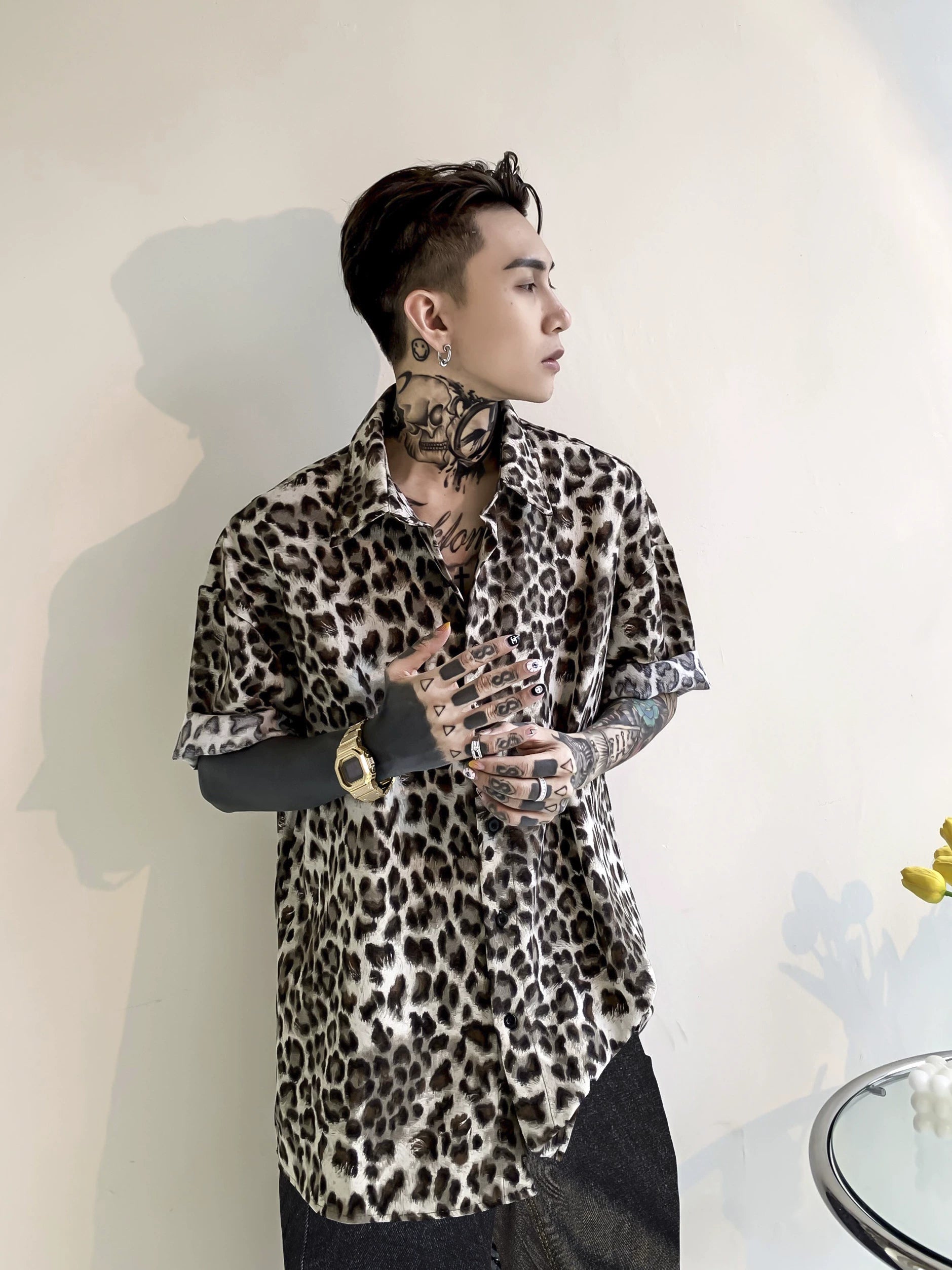 Neon Prowl Relaxed Leopard Satin Shirt
