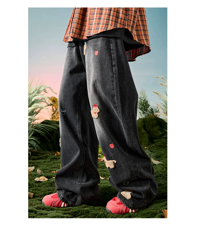 Embroidered Dog Patch Baggy Jeans