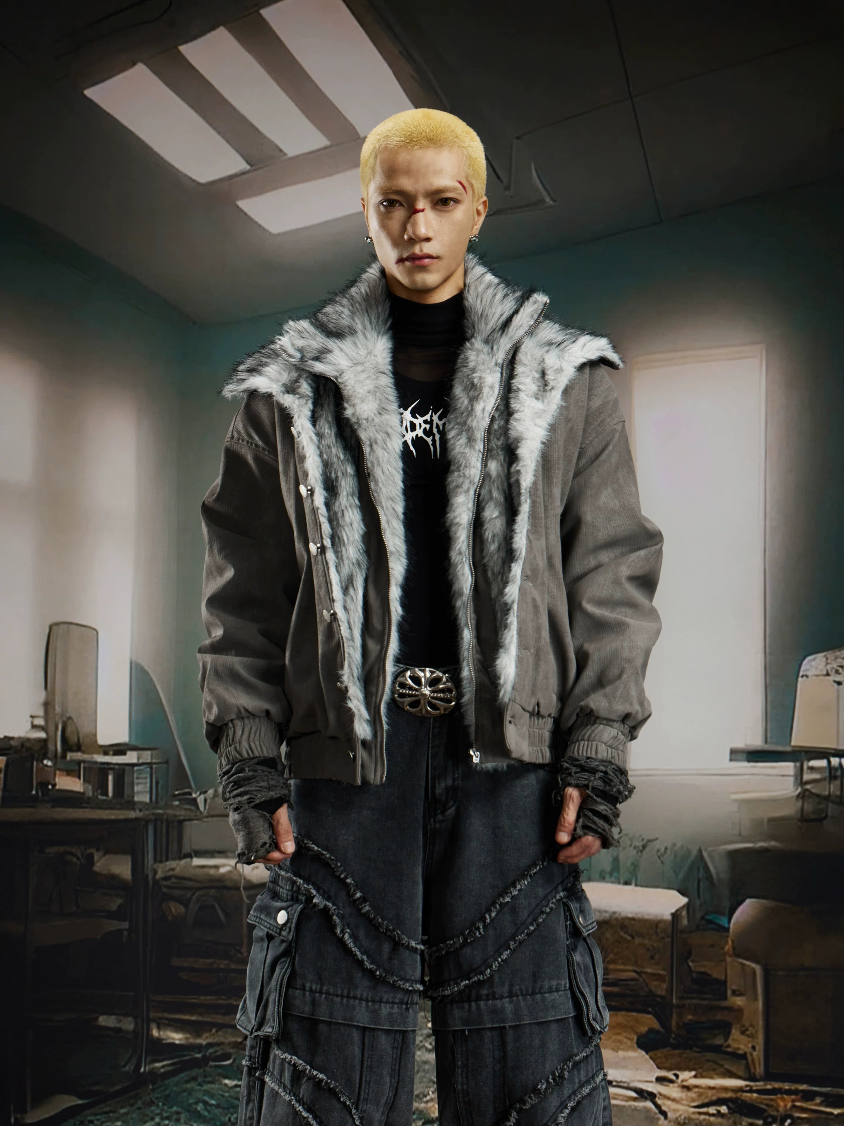 Glacier Veil Wolf‑Trim Bomber Jacket