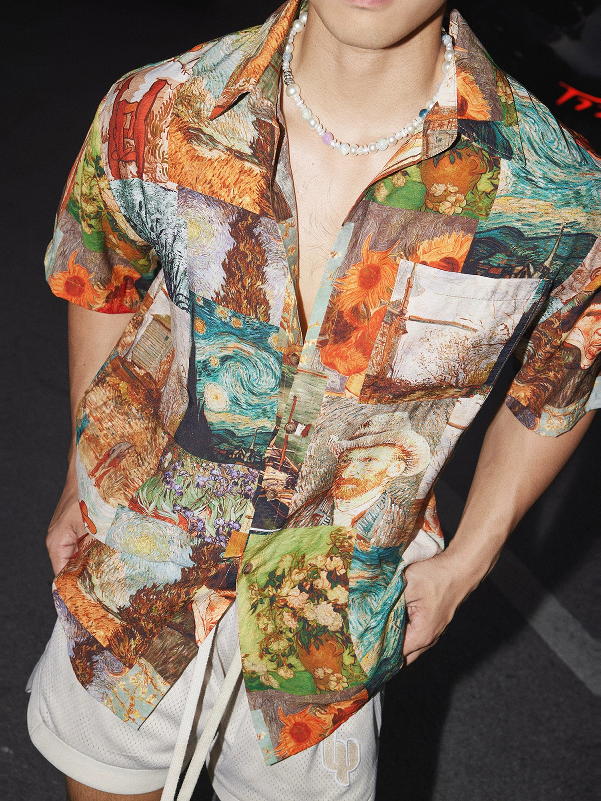 Van Gogh Print Short-Sleeve Button-Up Shirt