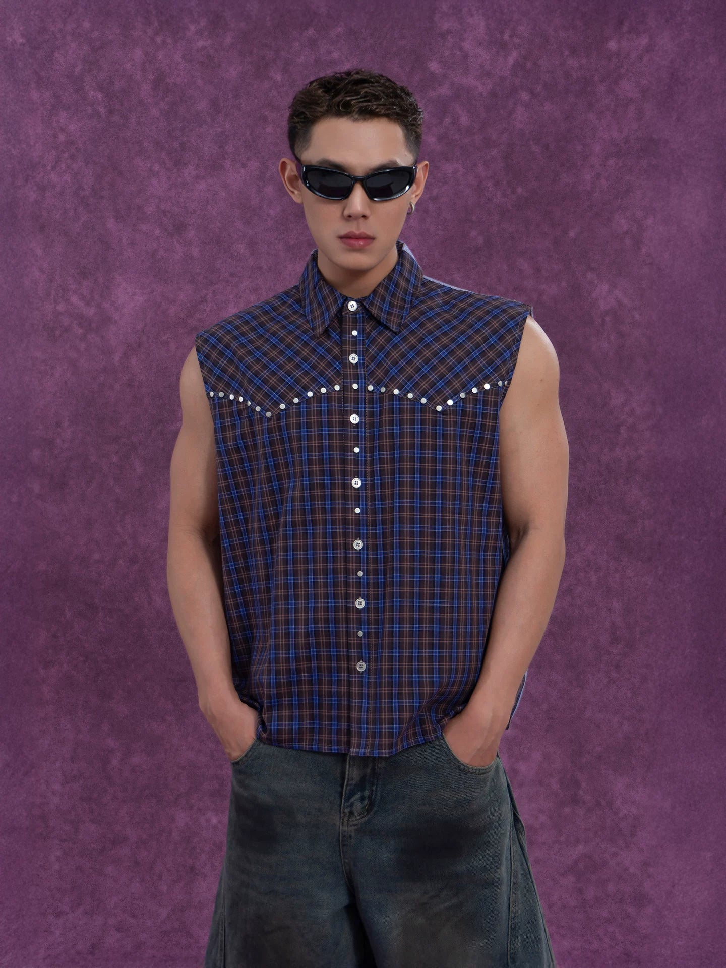 Midnight Rodeo Studded Plaid Sleeveless Shirt