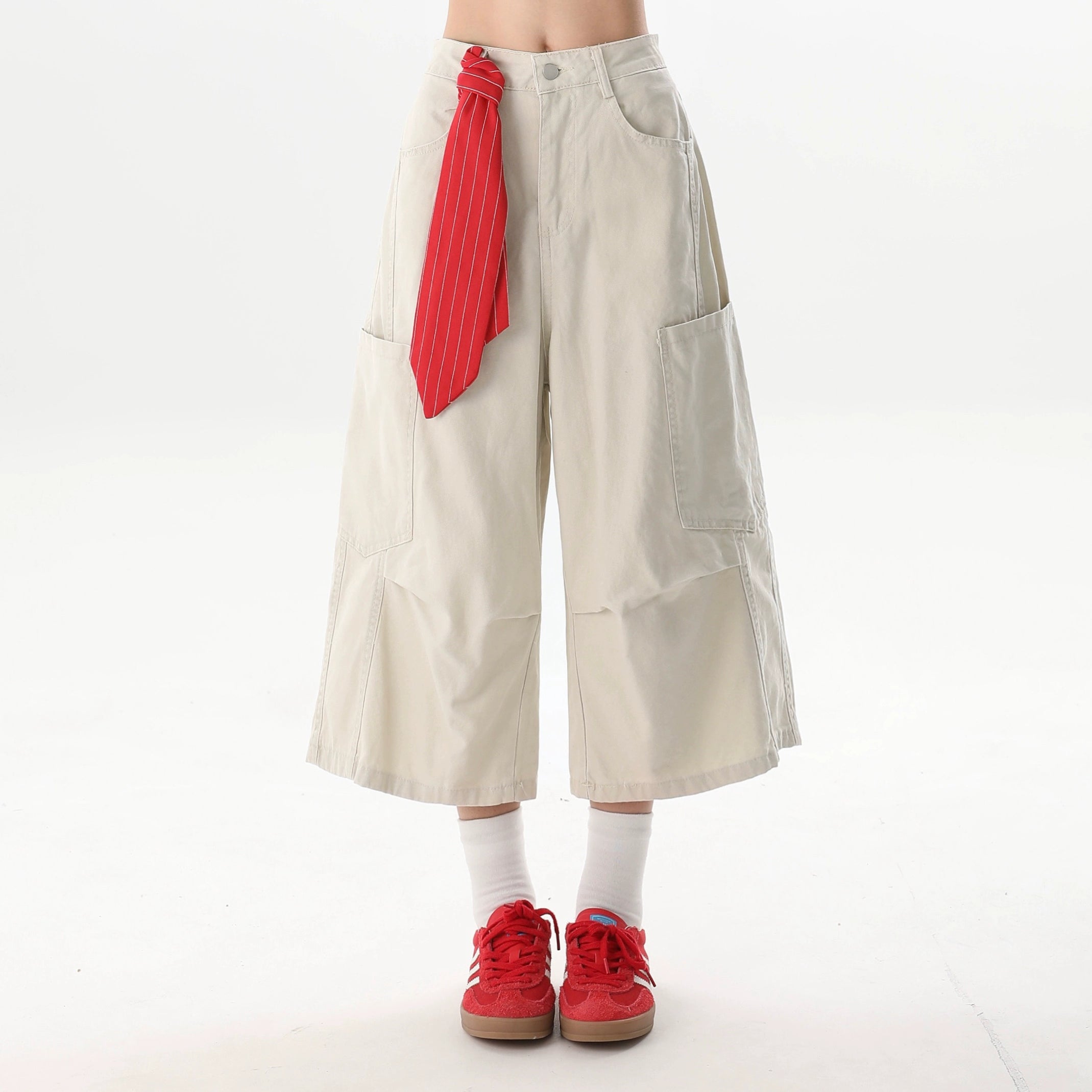Wide Leg Culottes with Red Striped Tie Accent