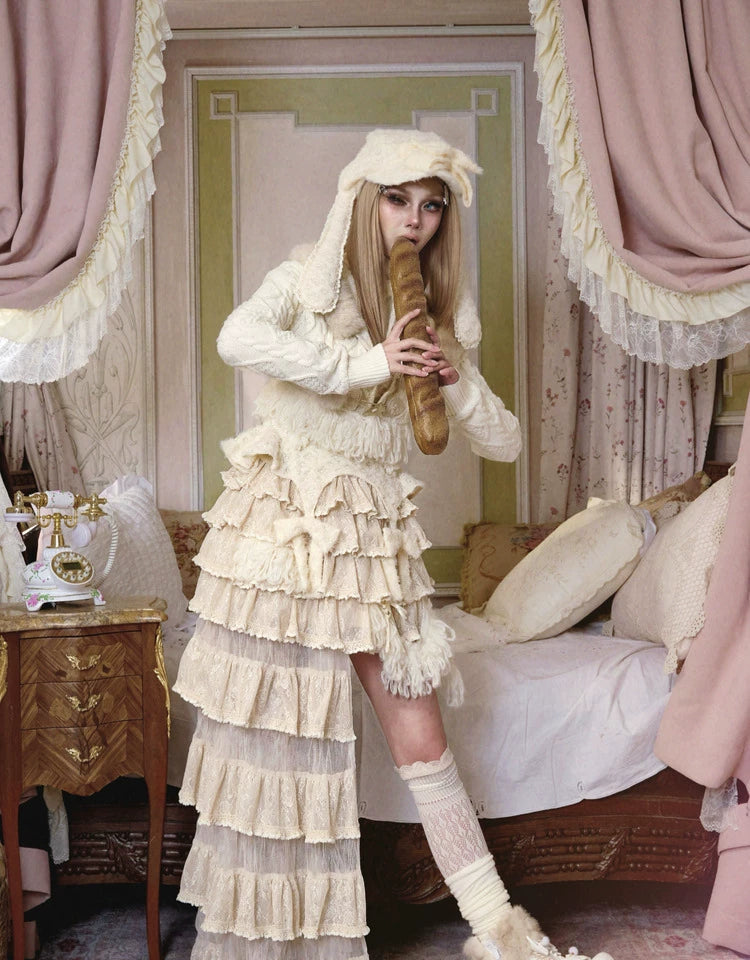 Ivory Lace Tiered Ruffle Skirt
