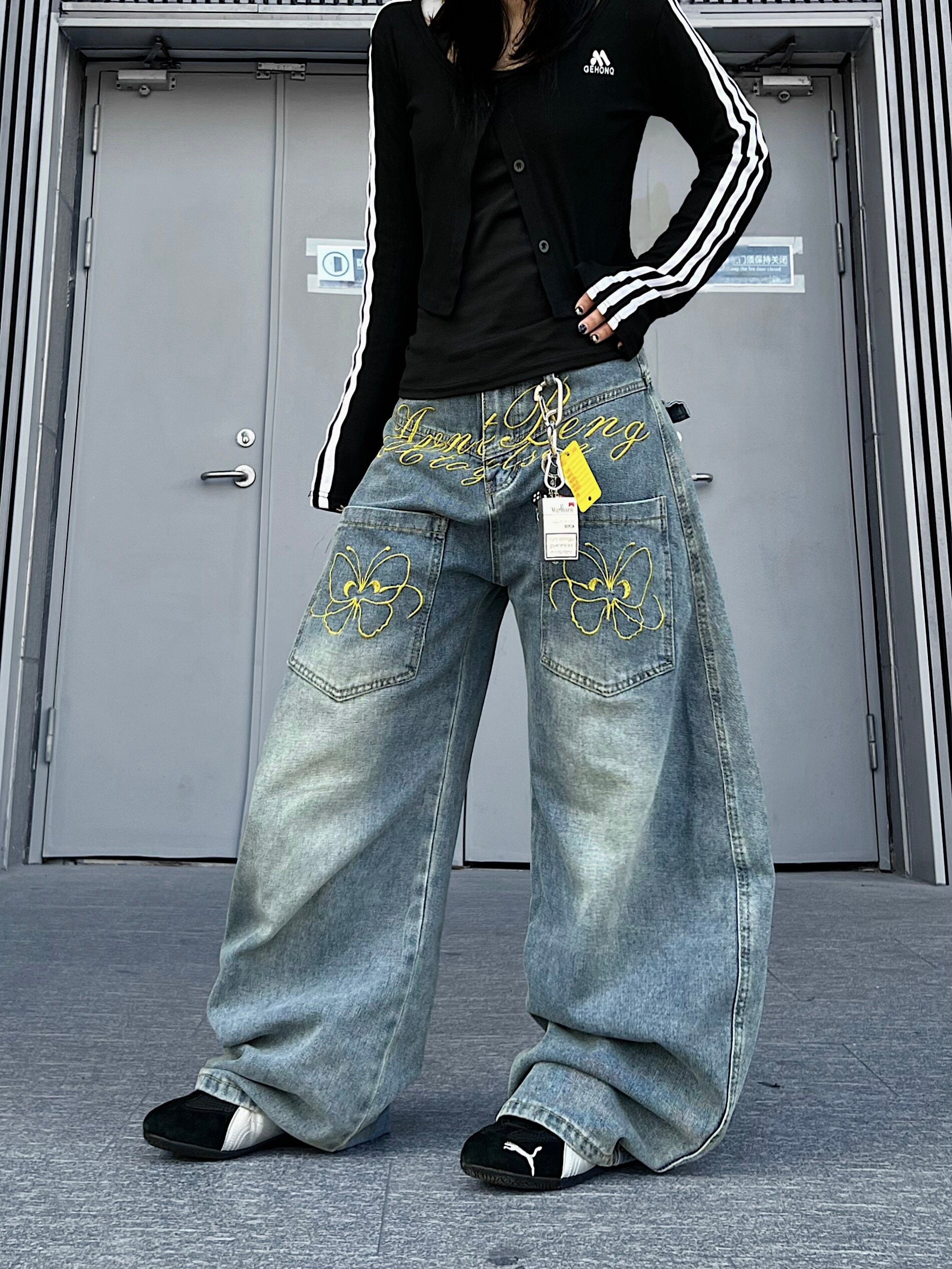 Men's Washed Embroidered Wide-Leg Jeans