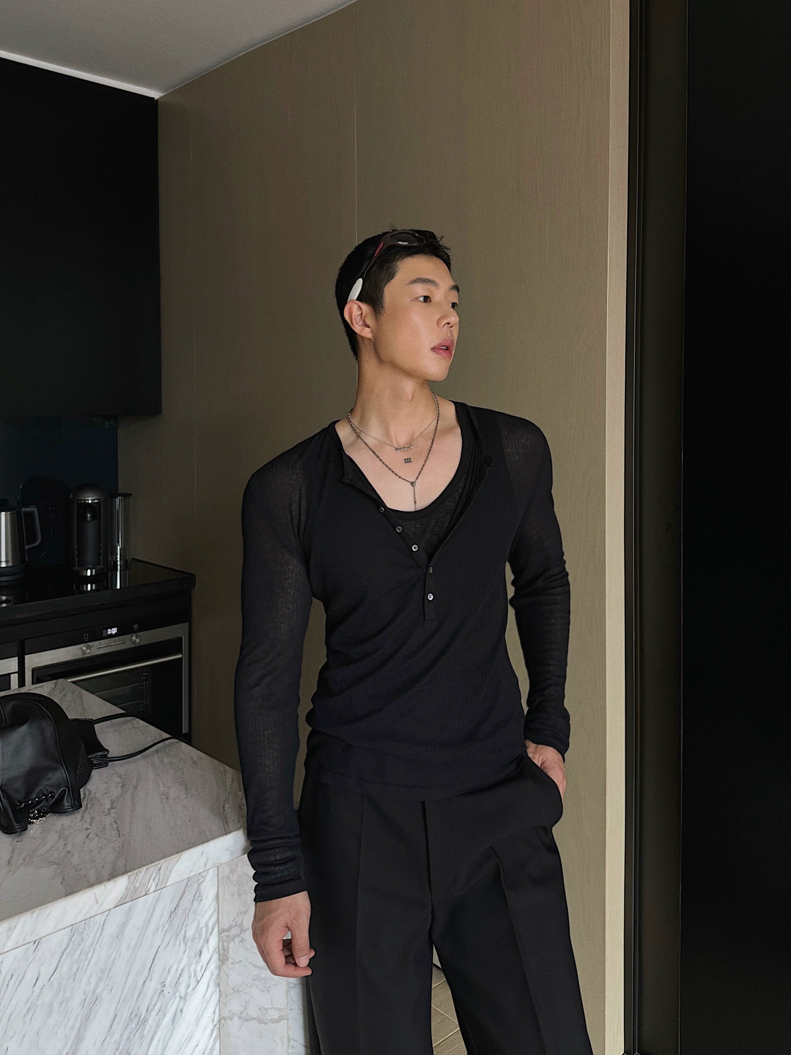 Black Henley Long Sleeve Knit Top