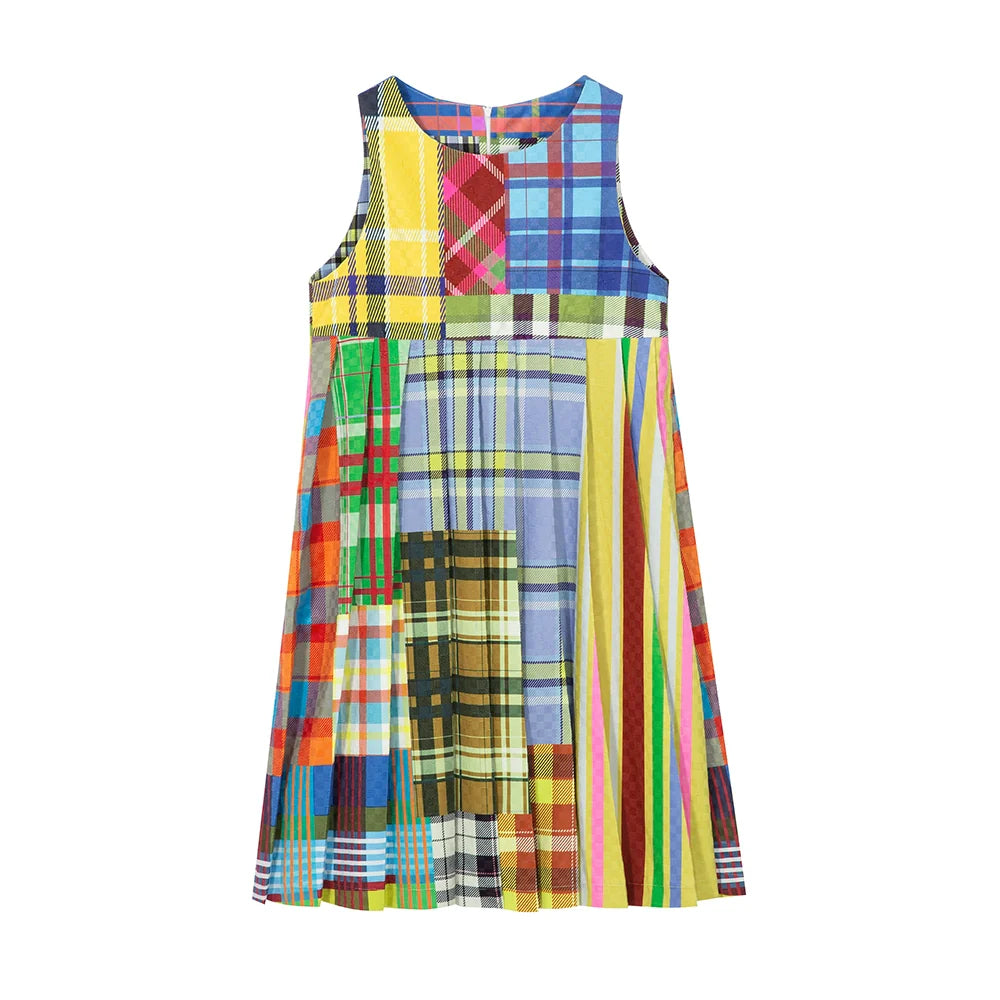 Rainbow Patchwork Plaid Sleeveless Tank Dress