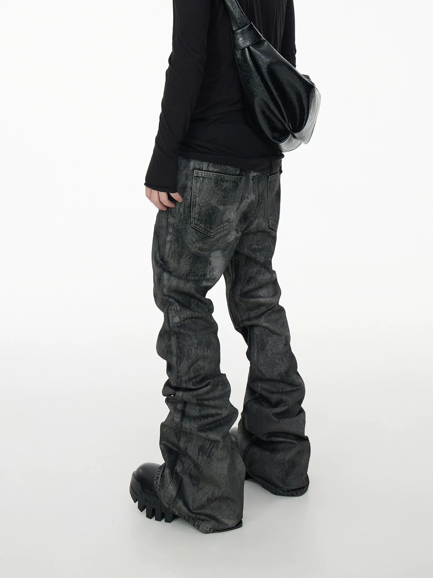 Glitter Coated Acid Wash Black Stacked Jeans