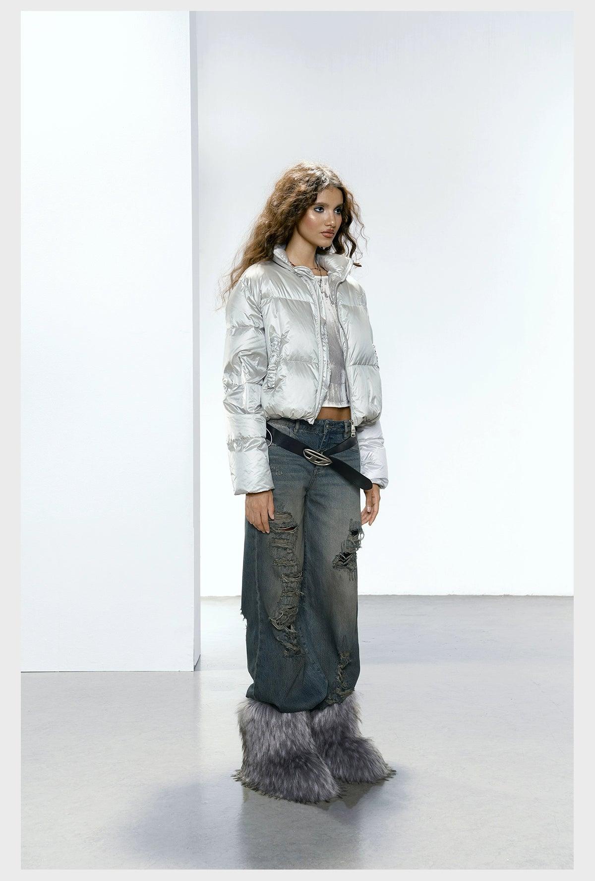 Golpe de chaqueta hinchadora recortada para mujer Pose - Pastel acolchado con cremallera con cremallera y bolsillos Ruchados