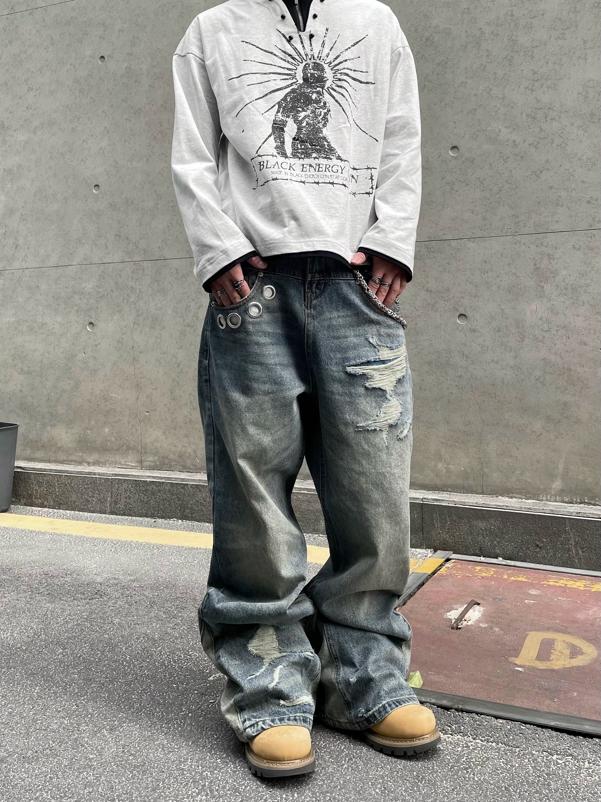 Paneled Distressed Rivet Wide Leg Jeans