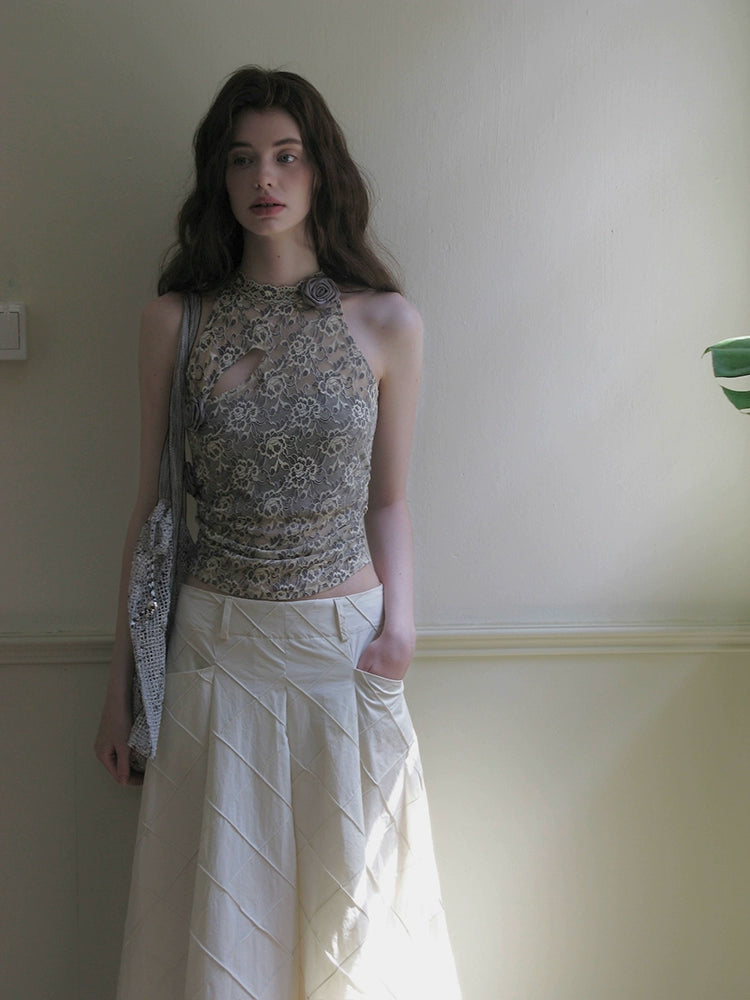 Peony-Pattern Lace Halter Neck Top