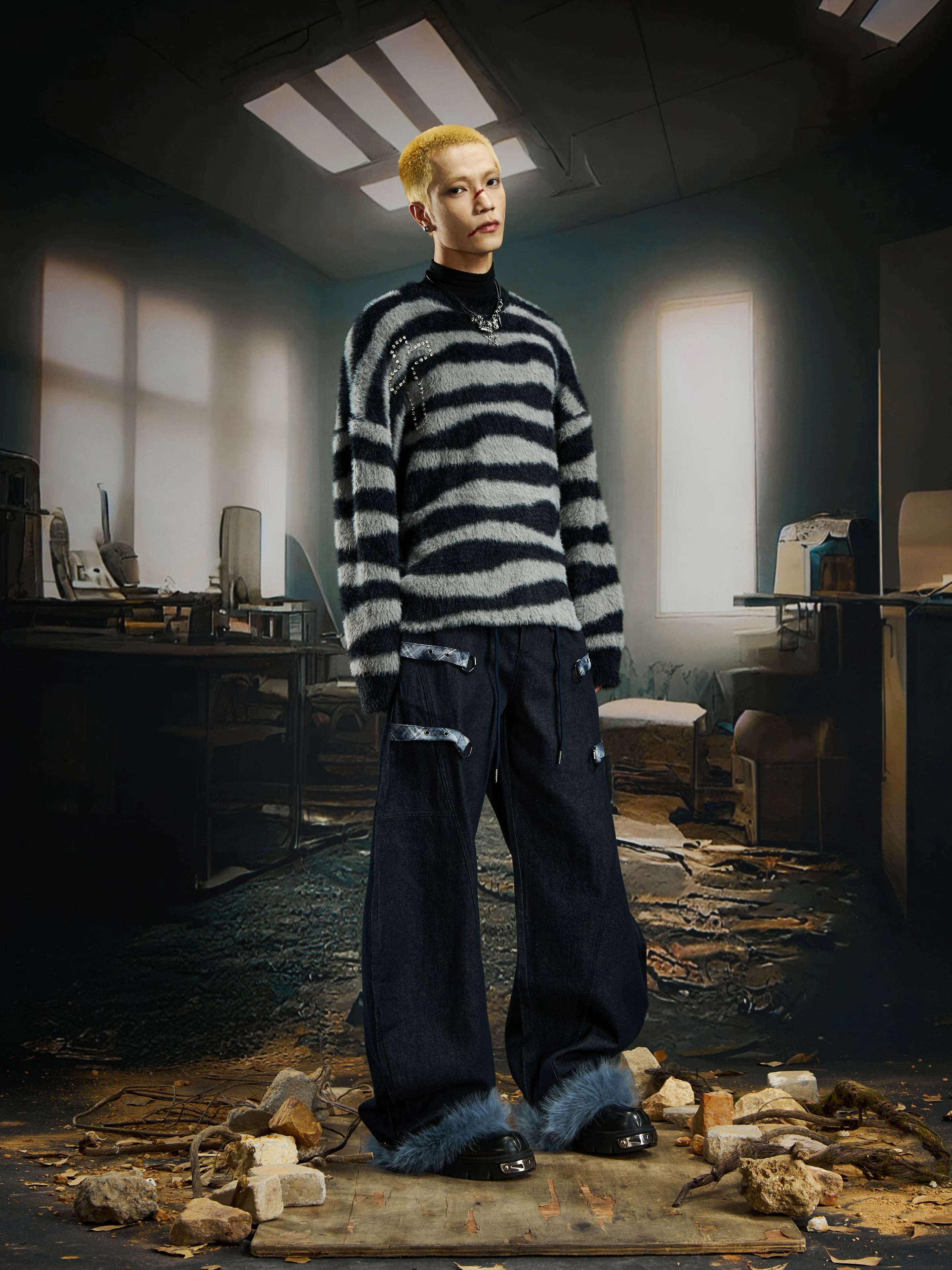 Crimson Plaid Fetters Fur Hem Pants