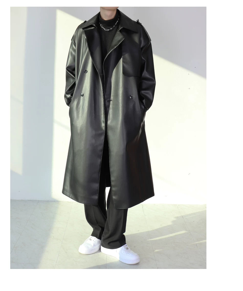 Noir Eclipse Belted Faux Leather Trench Coat