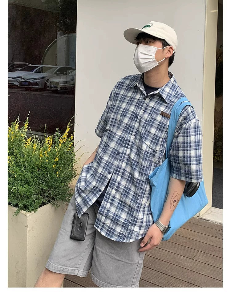 Oversized Blue and White Plaid Short Sleeve Shirt