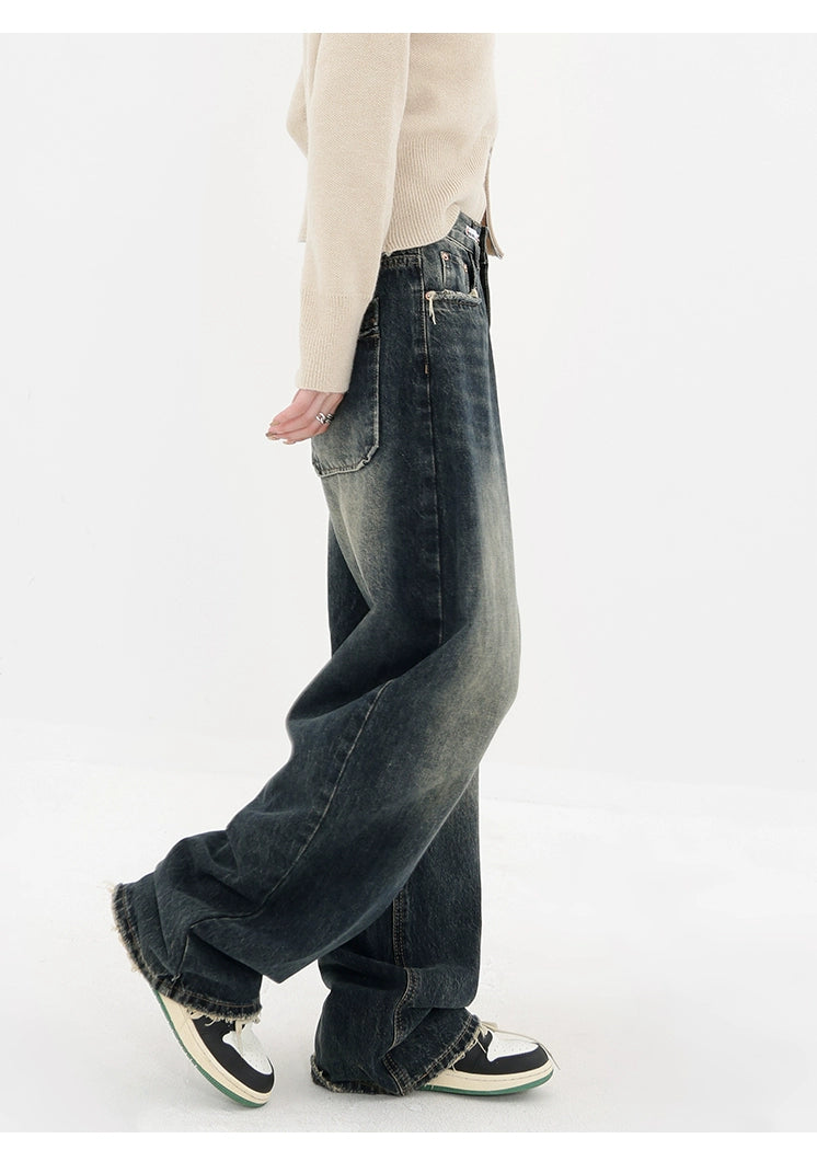 Vintage High Street Deep Blue Wide-Leg Denim Pants - chiclara