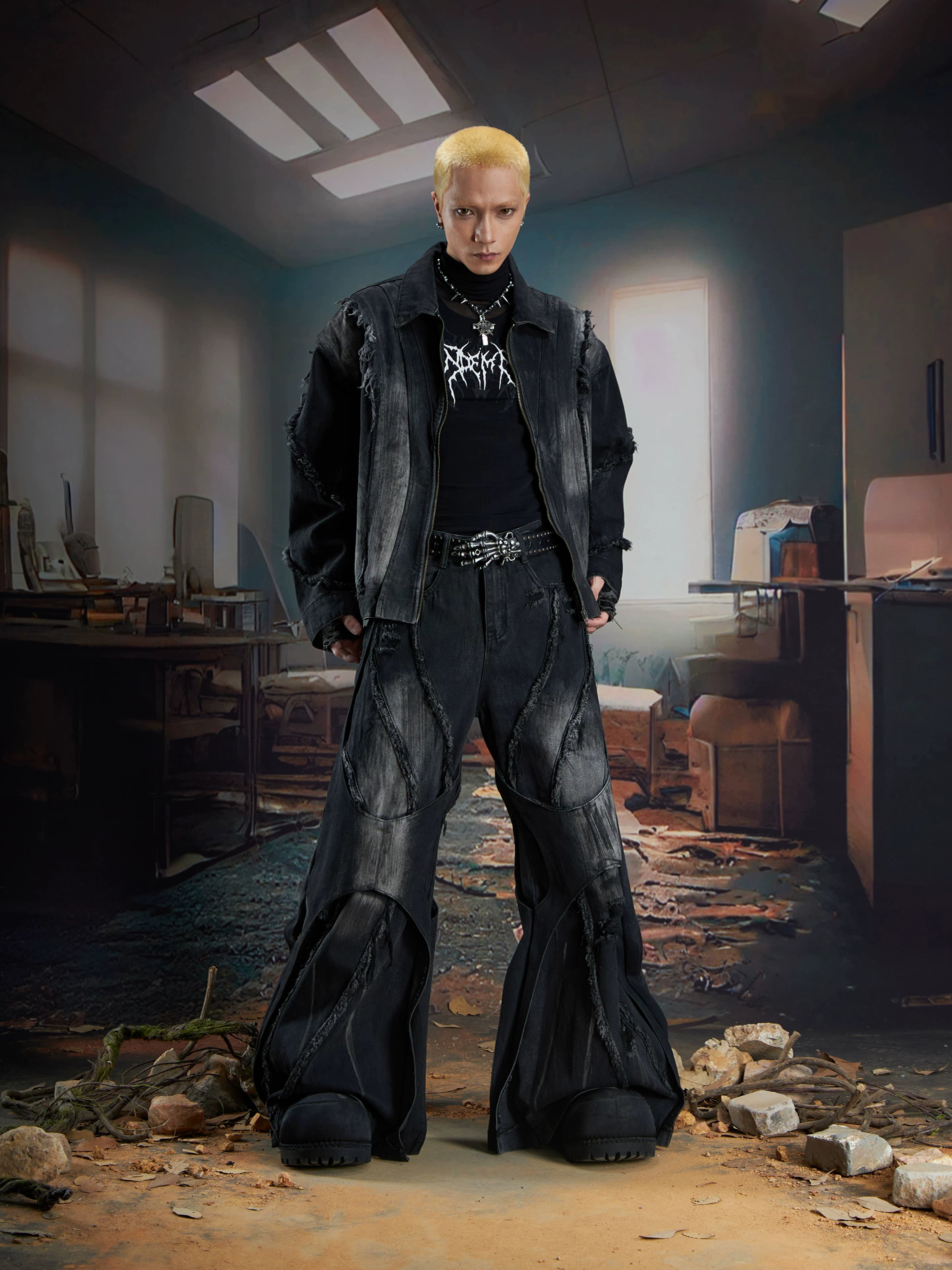 Obsidian Rift Shredded Flare Denim Pants