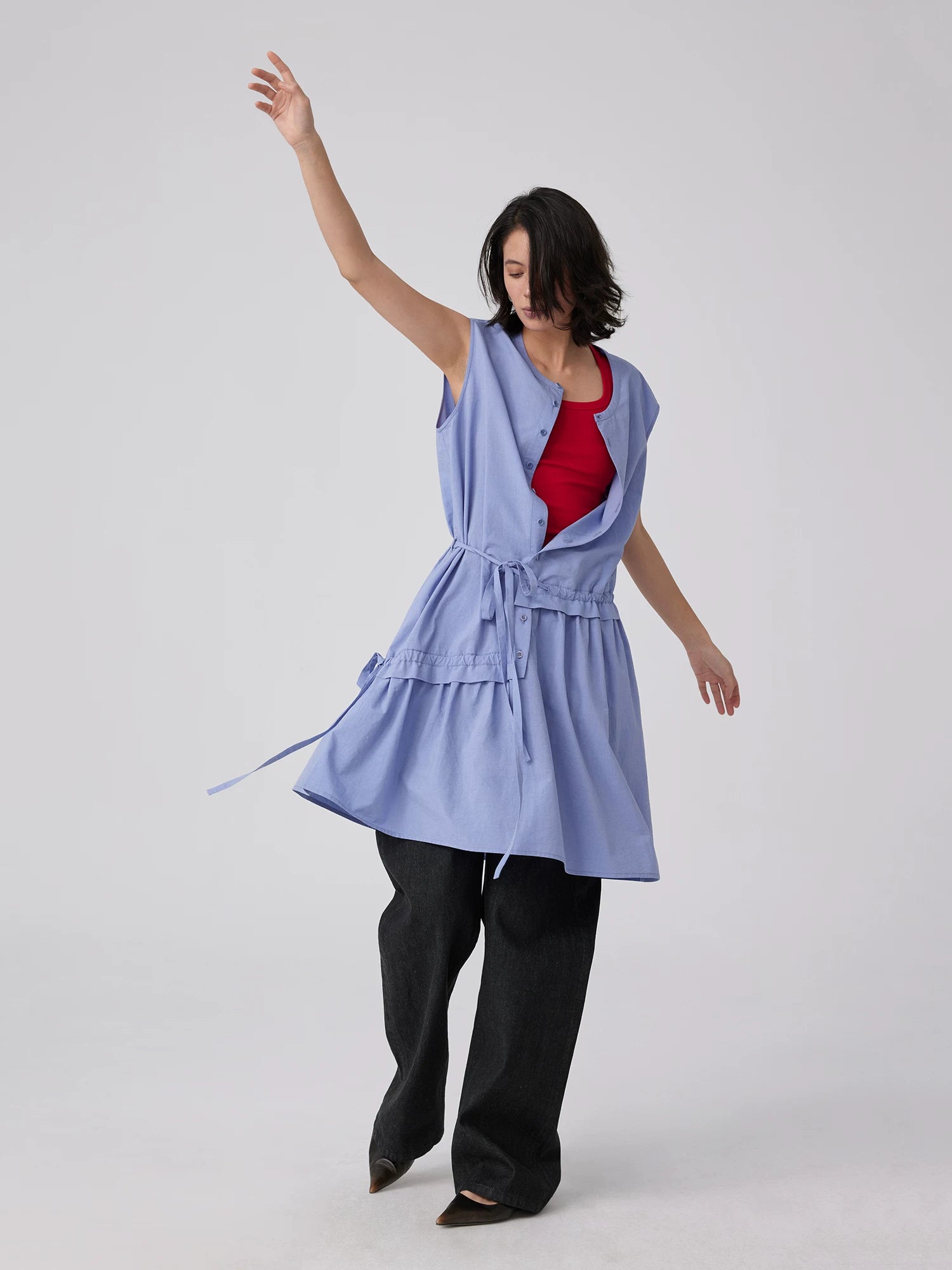Sleeveless Button-Front Tie-Waist Dress