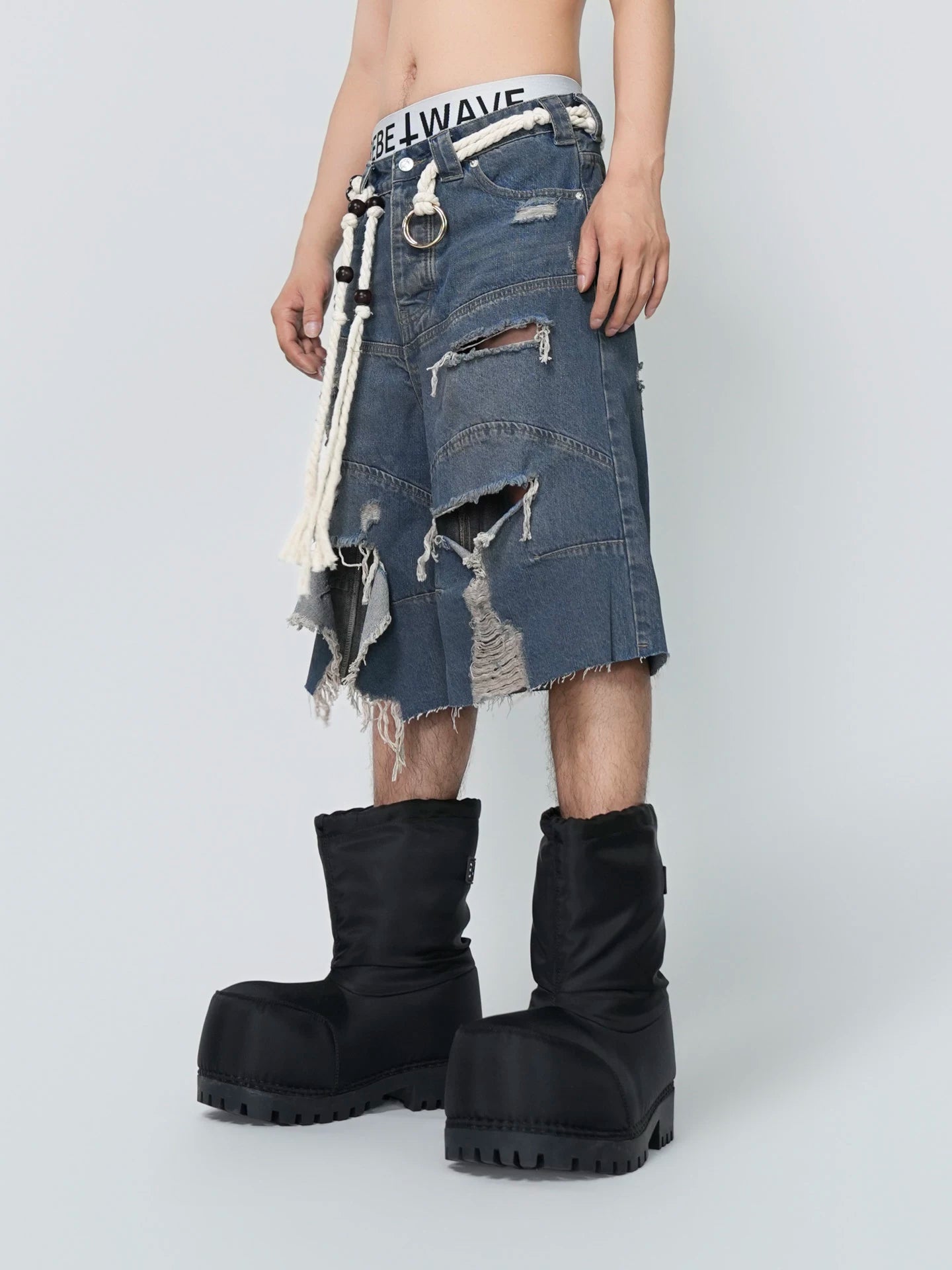 Tidal Ruin Shredded Rope-Belt Denim Shorts