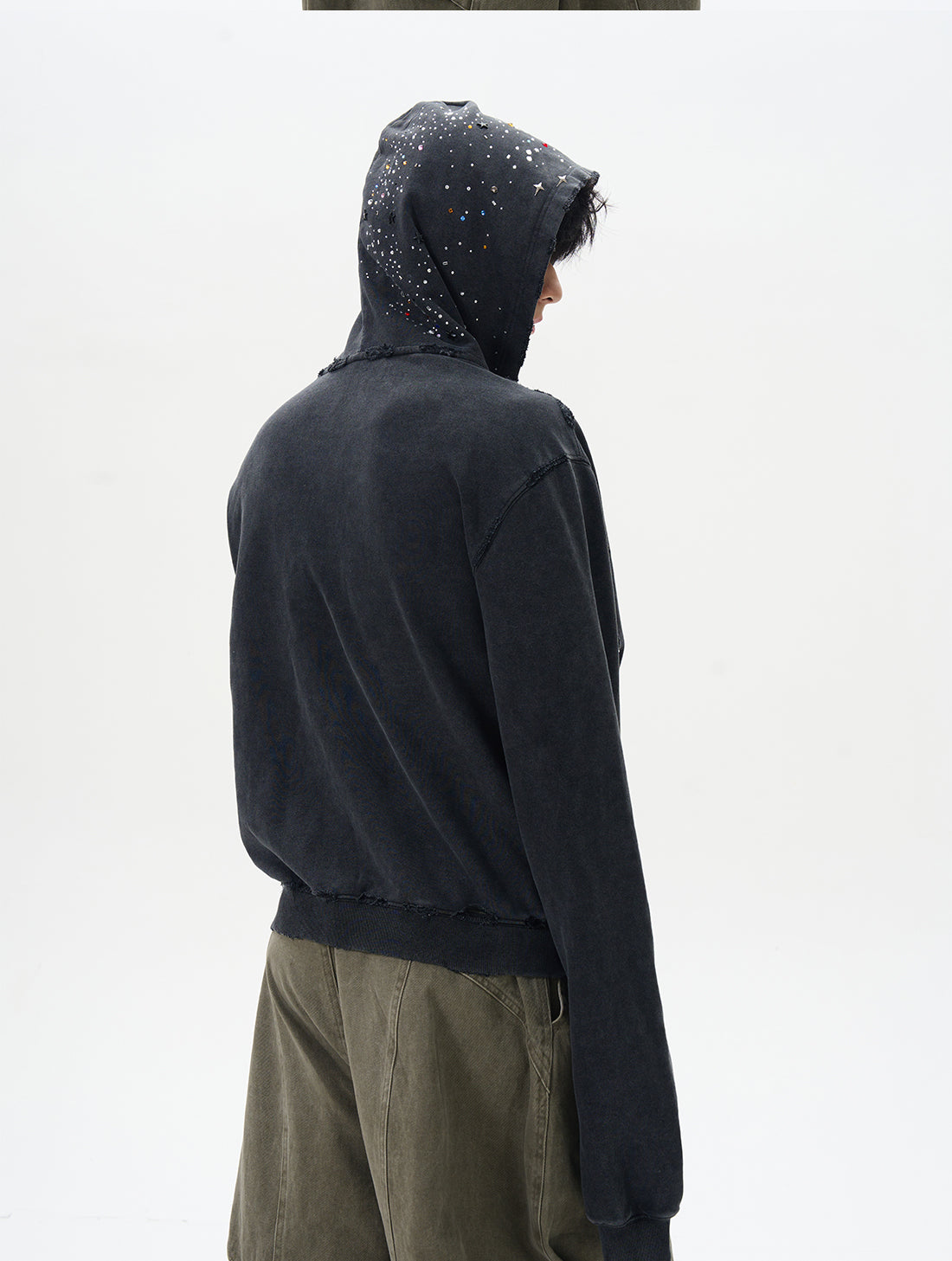 Black Distressed Zip-Up Hooded Sweatshirt
