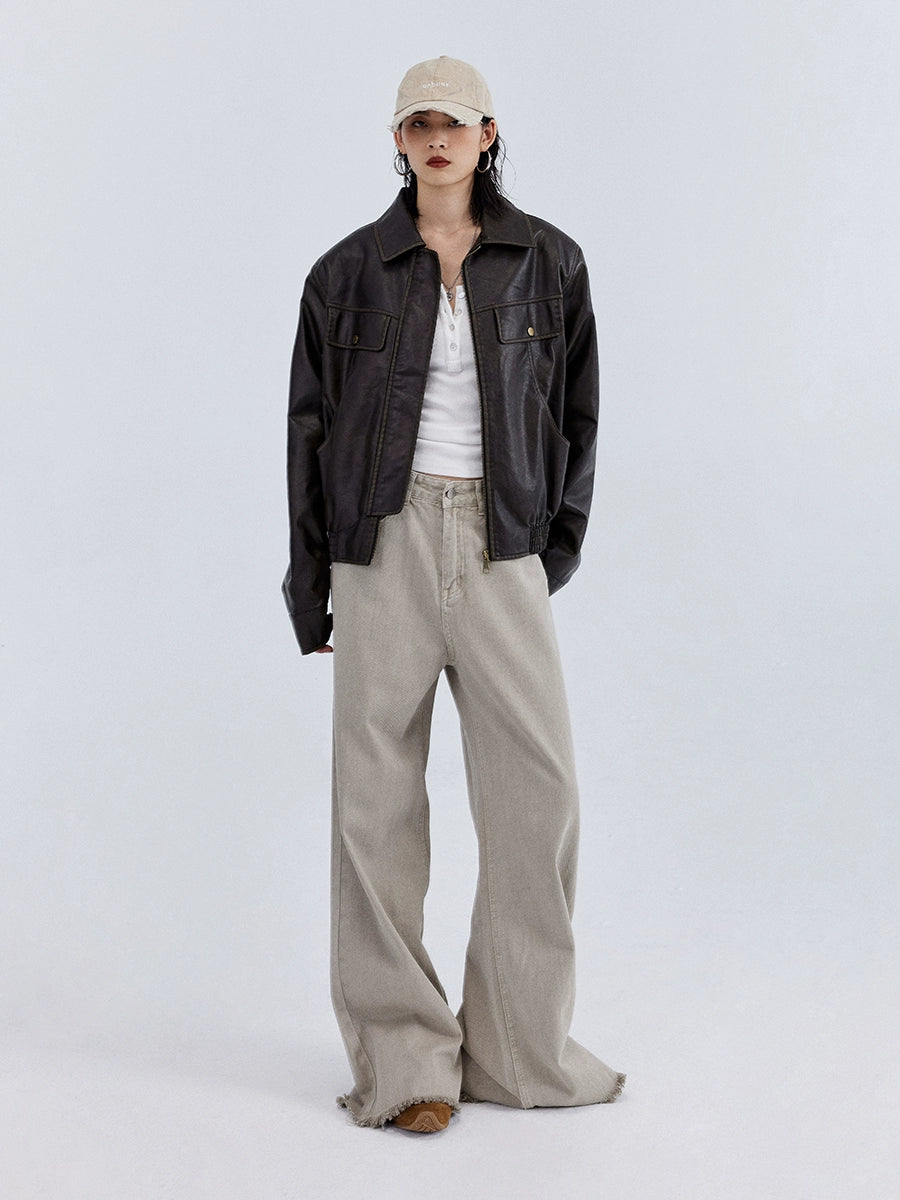 Sandstone Fringe Hem Wide‑Leg Jeans