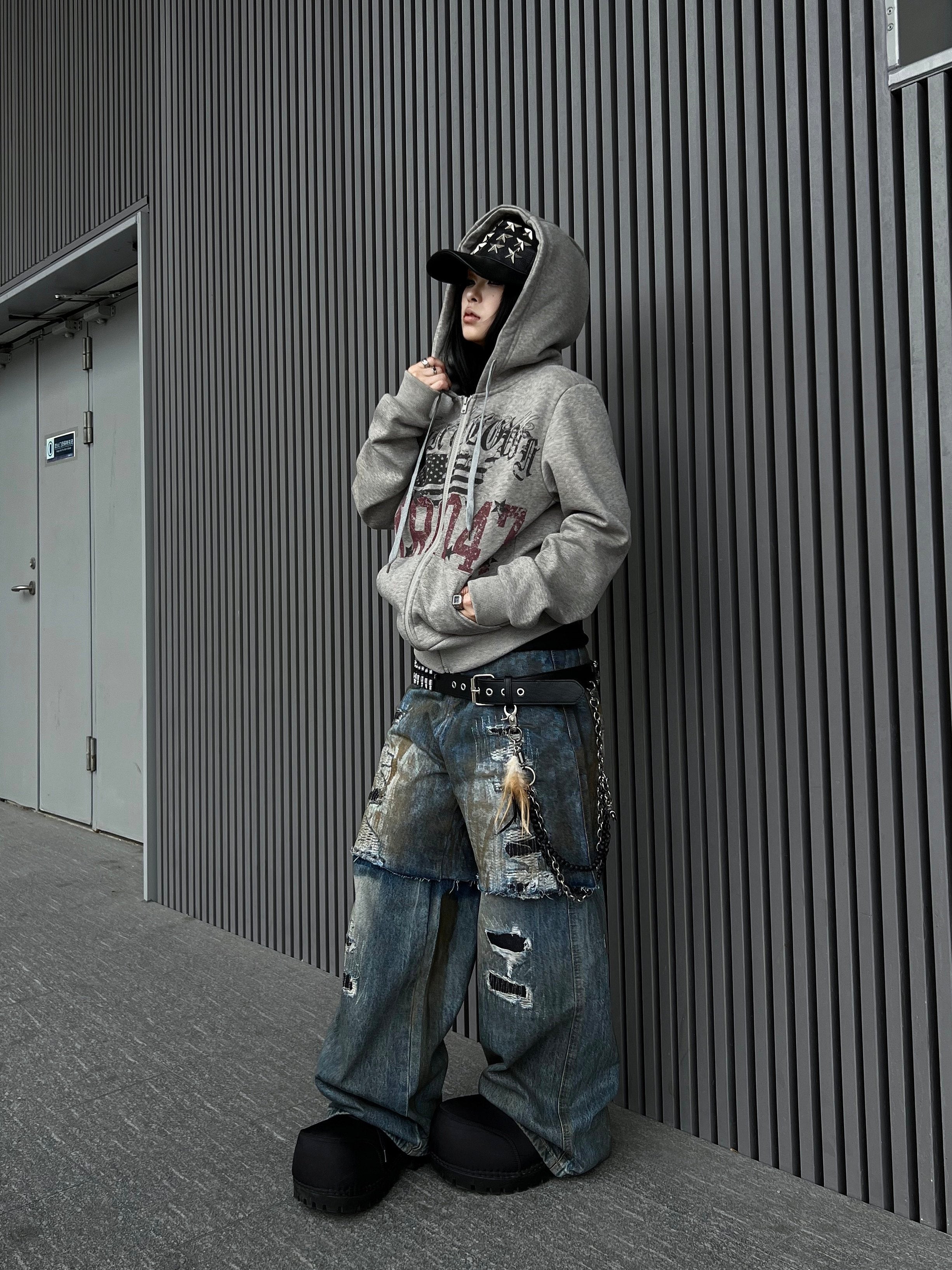 Men's Distressed Letter-Print Fleece-Lined Zip-Up Hoodie