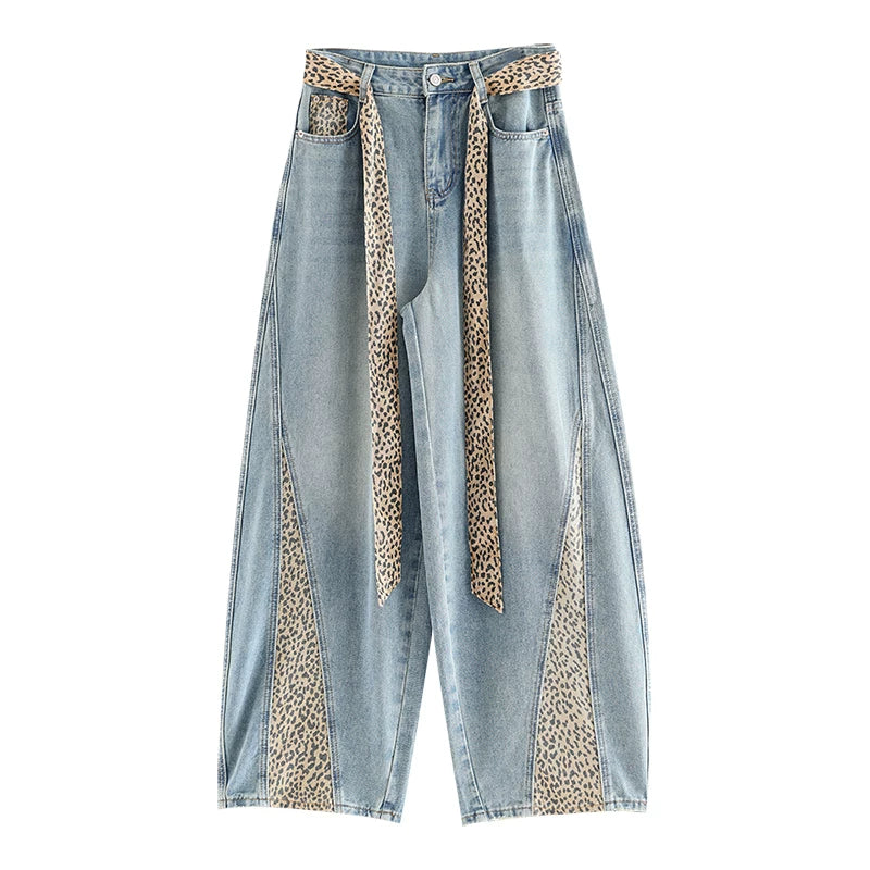 Leopard Sash Curve-Leg Wide Jeans - Blue