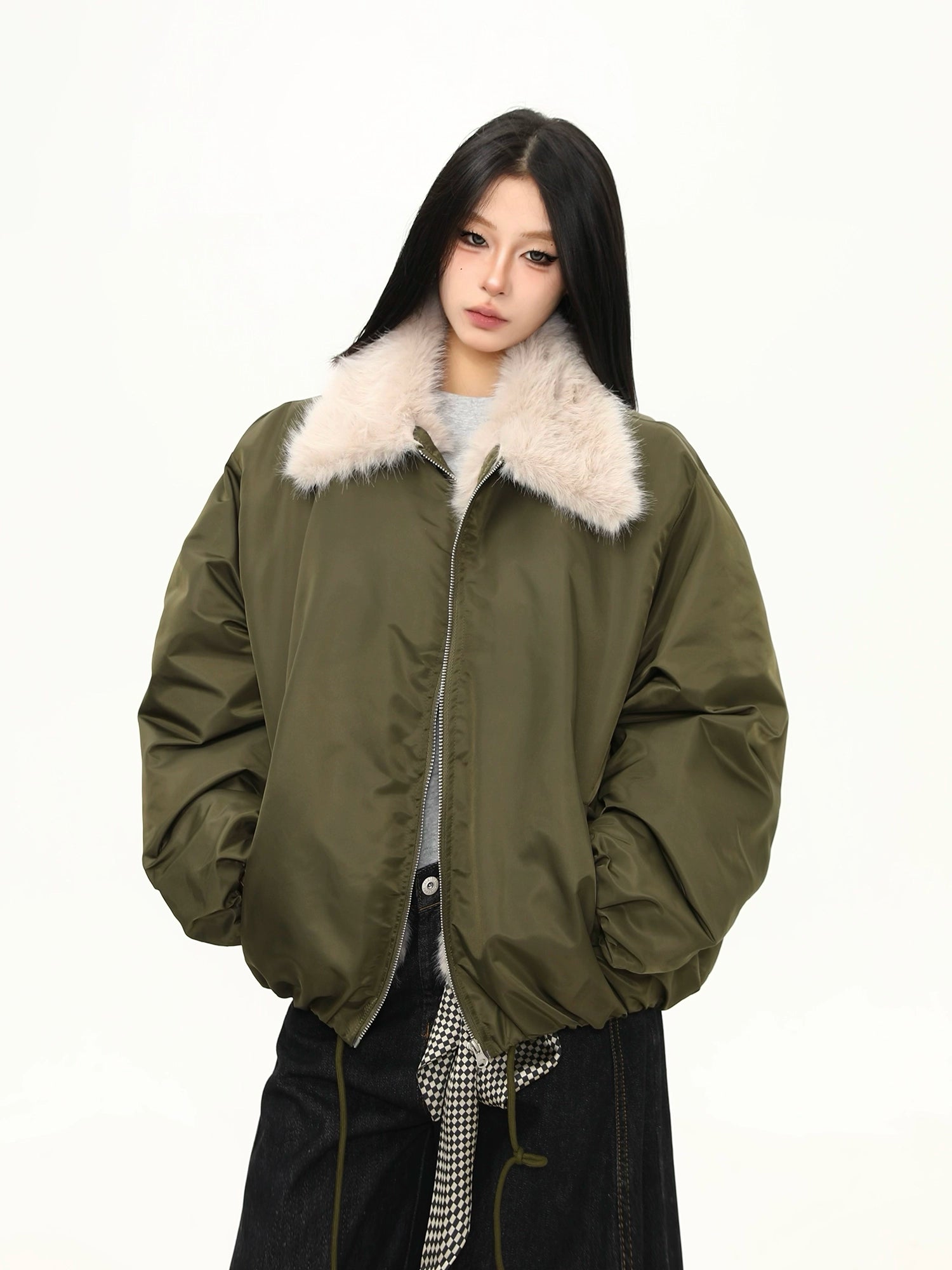 Olive Frost Faux Fur Collar Bomber Jacket