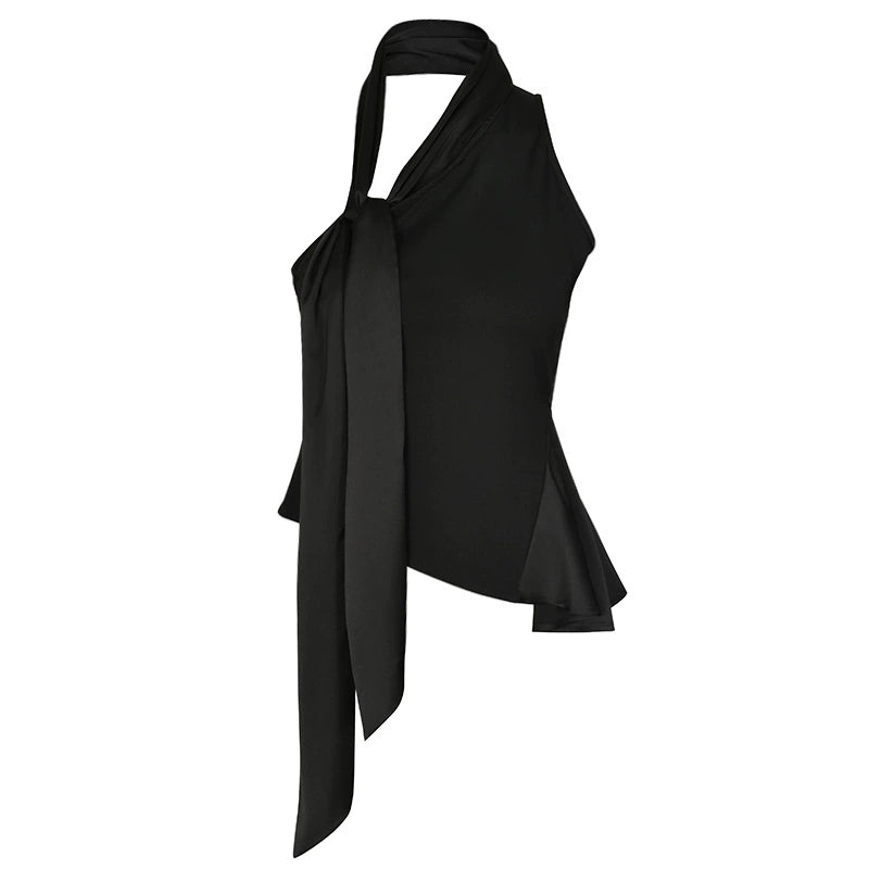 Black Asymmetrical Halter Top with Side Tie Detail