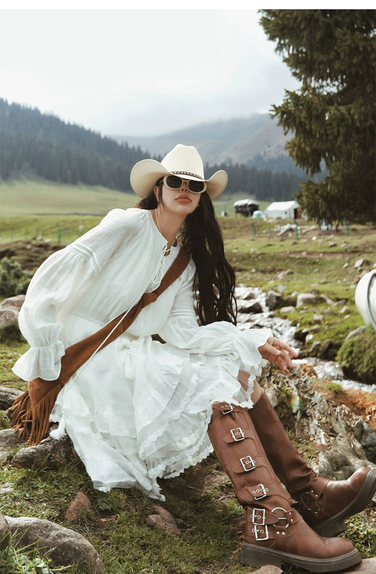 White Ruffle Long Sleeve Dress
