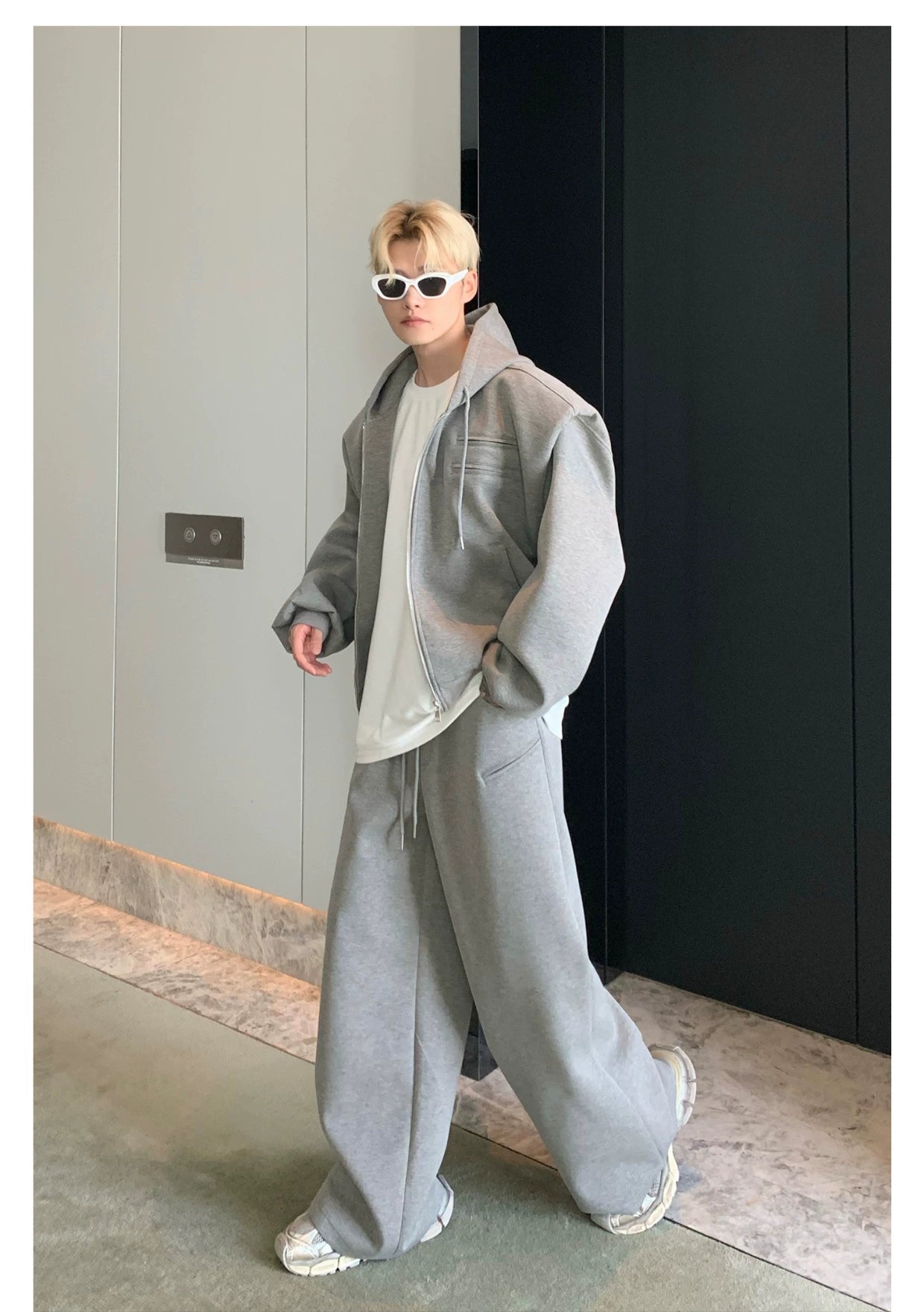 Shoulder-Padded Hoodie Jacket with Straight-Leg Pants Two-Piece Set