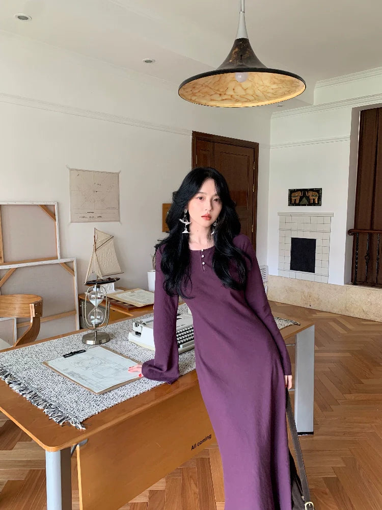 Retro Long Sleeve Button-Front Maxi Dress