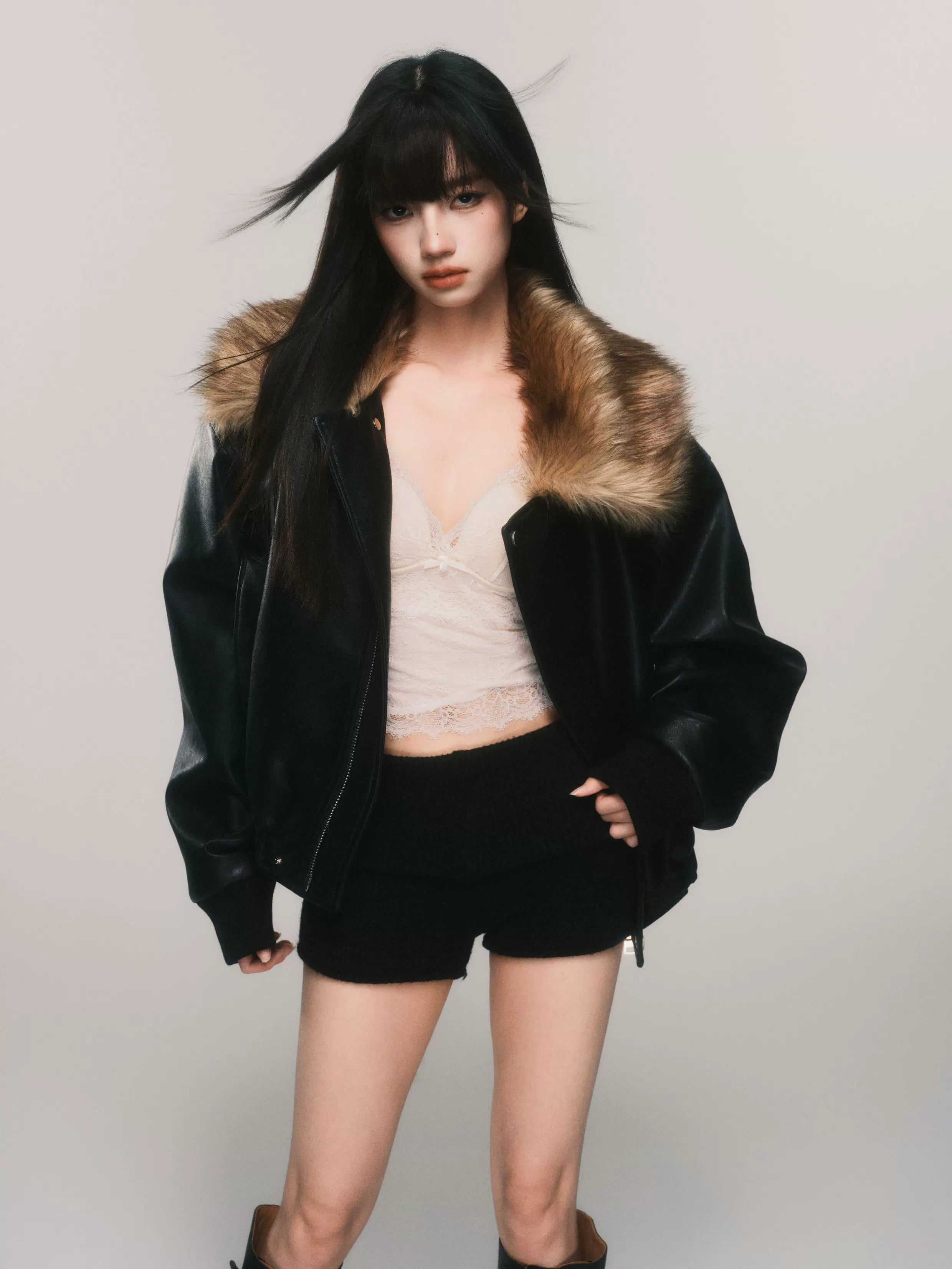 Midnight Aviator Faux‑Fur Bomber Jacket