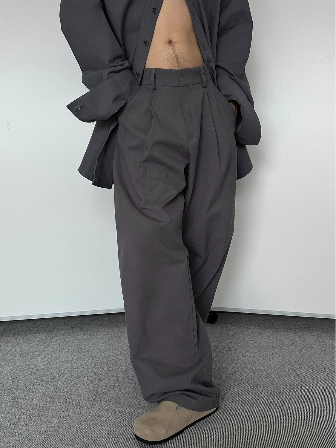 Wide-Leg Pleated Charcoal Grey Trousers