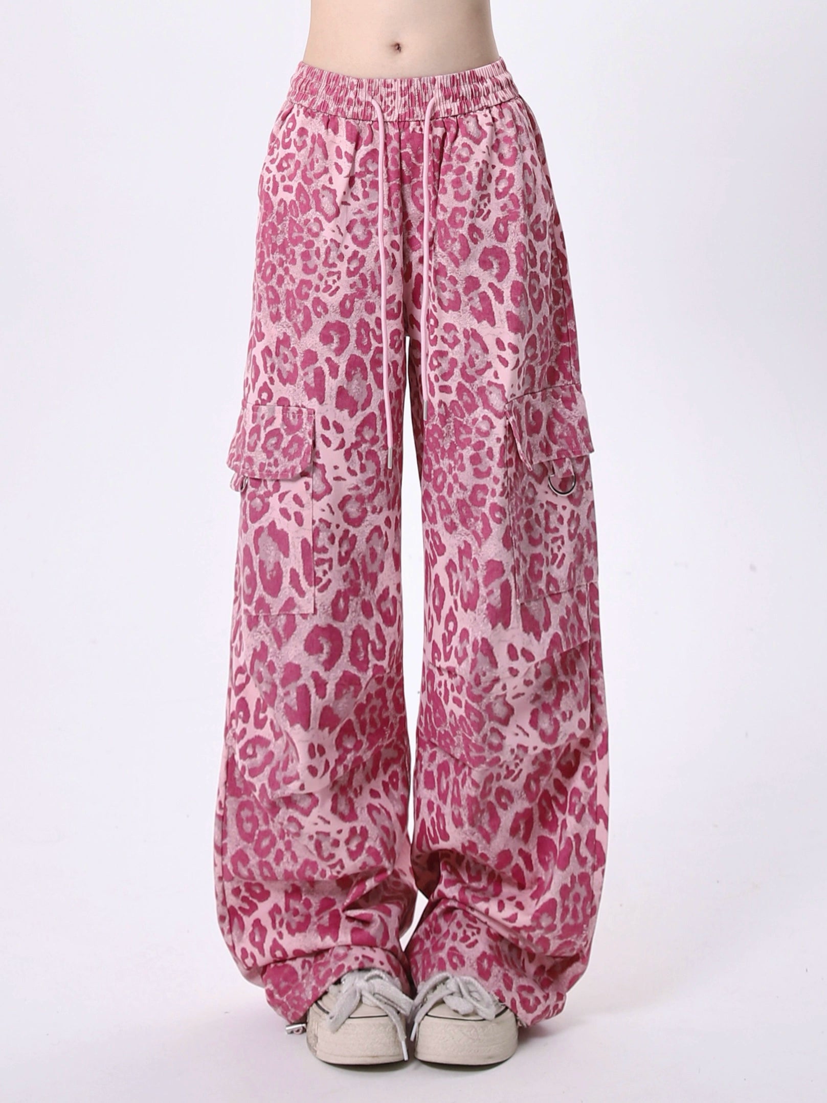 Pink Leopard Print Wide Leg Cargo Pants