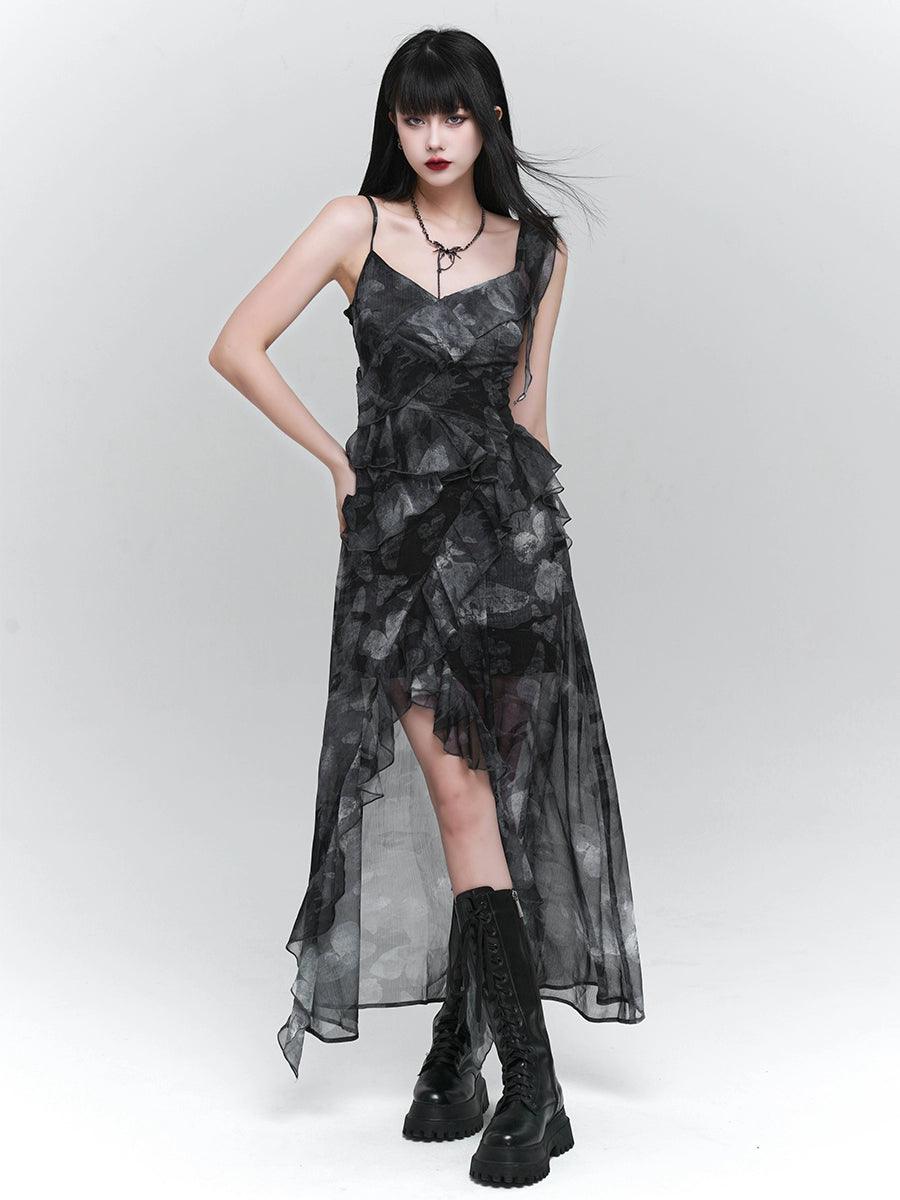 Ladyghost Dark Glamour Asymetrical Maxi Robe - Robe volante à imprimé floral pour femmes avec fente haute