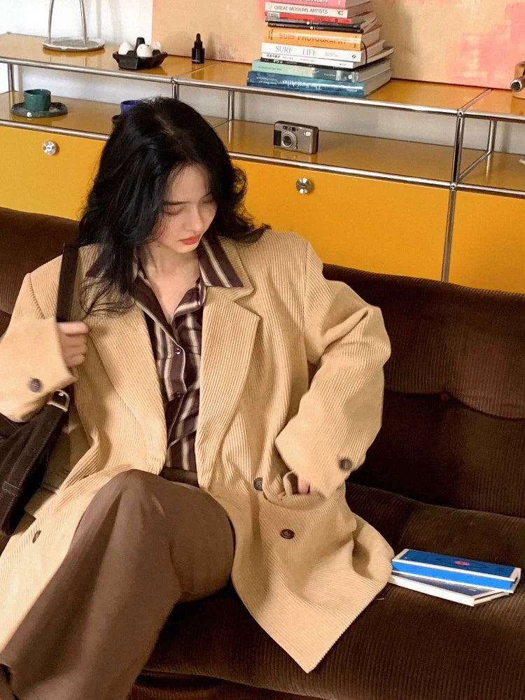 Double-Breasted Relaxed Camel Blazer