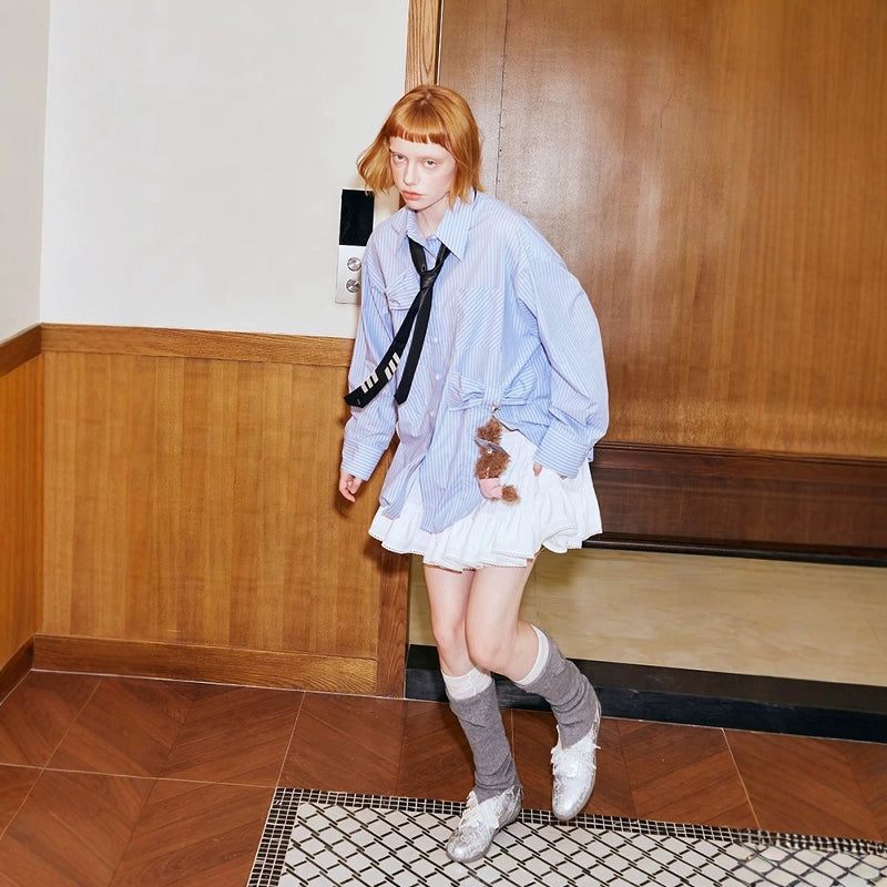 Oversized Blue Pinstripe Shirt Dress and Ruffle Skirt Setup