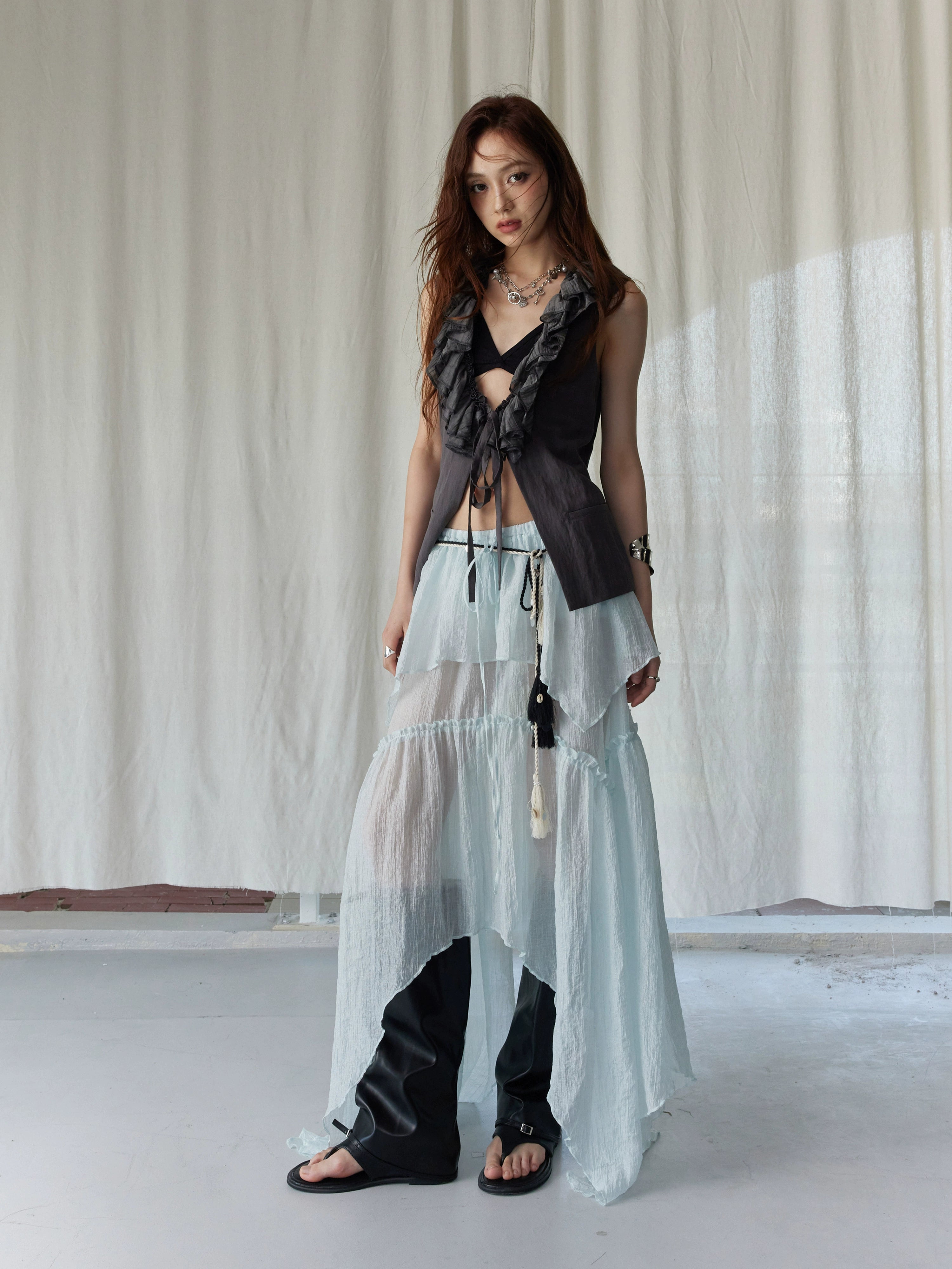 Dark Ruffle Vest & Green Layered Skirt