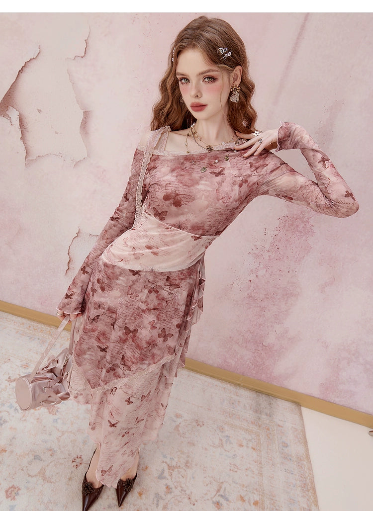 Rosa florale Langarm Midi Kleid