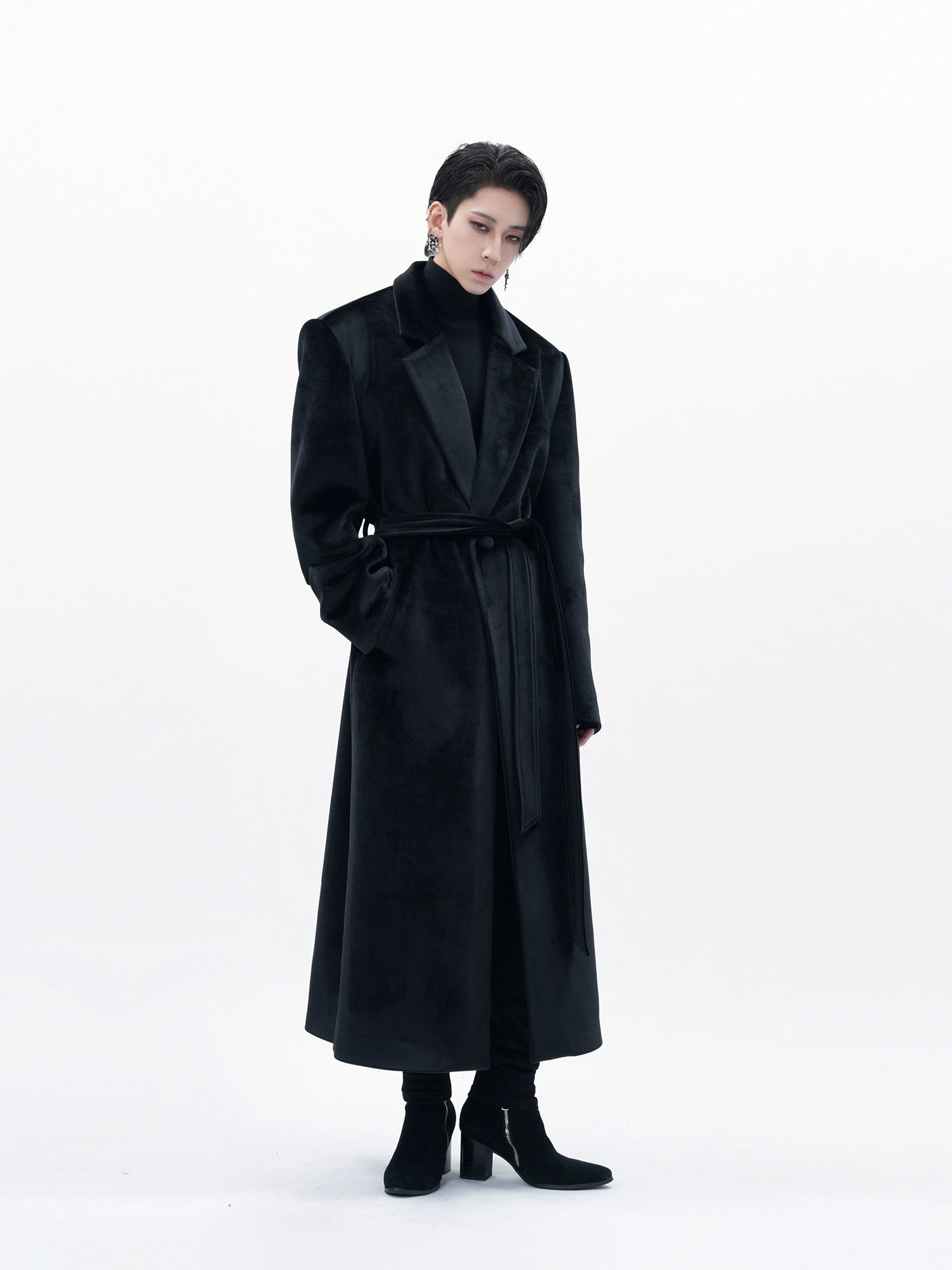 Black Velvet Belted Overcoat