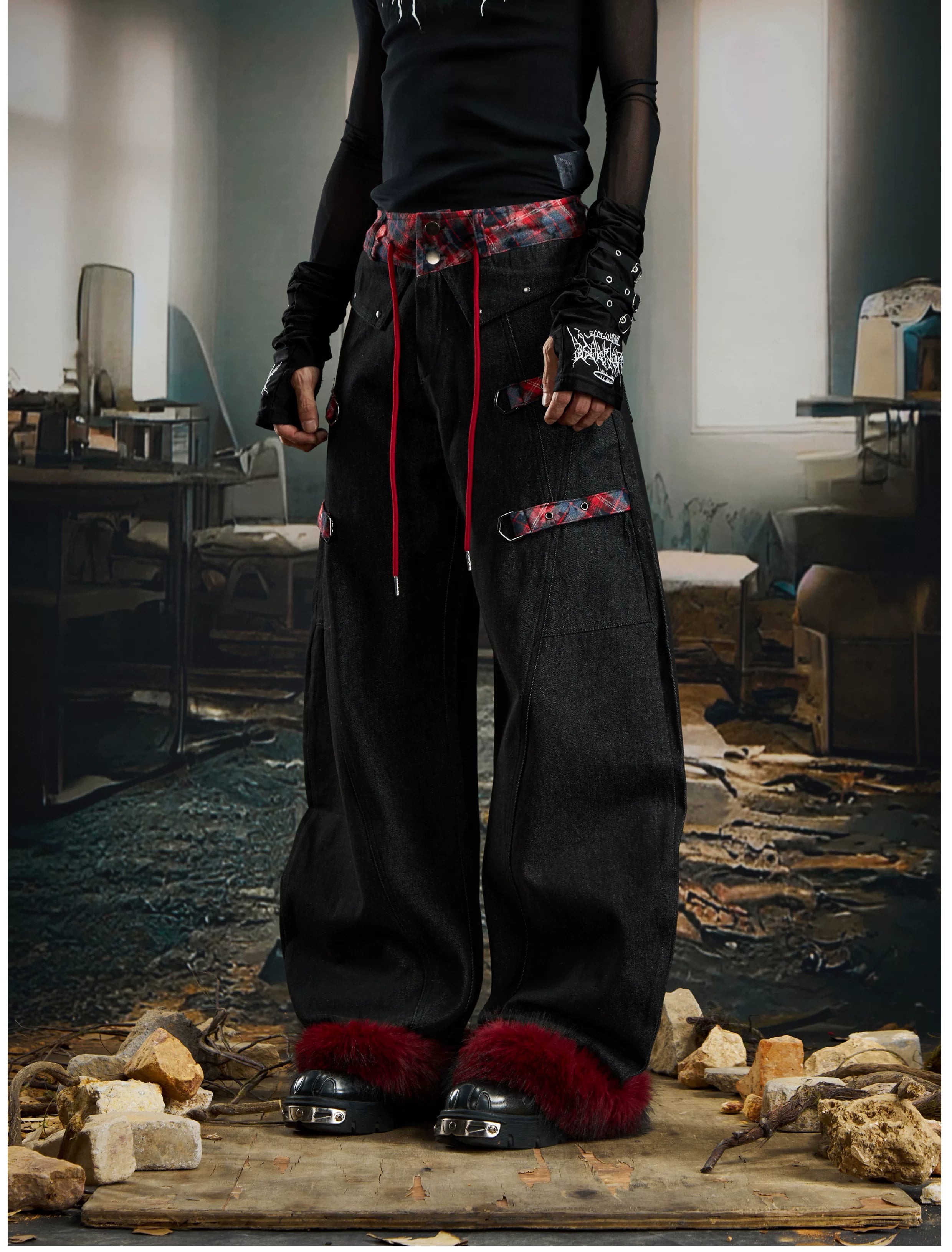 Cuff Flannel‑Trim Furry Hem Pants