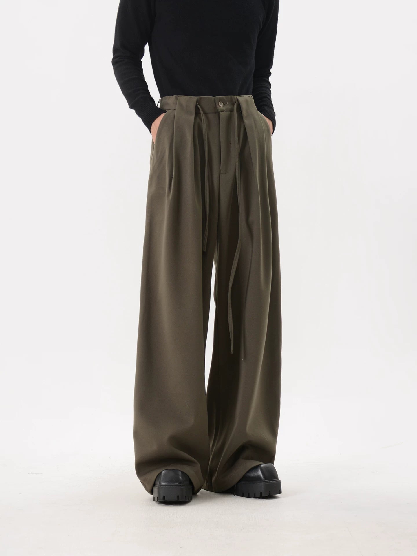 Pleated Casual Drawstring Wide-Leg Trousers