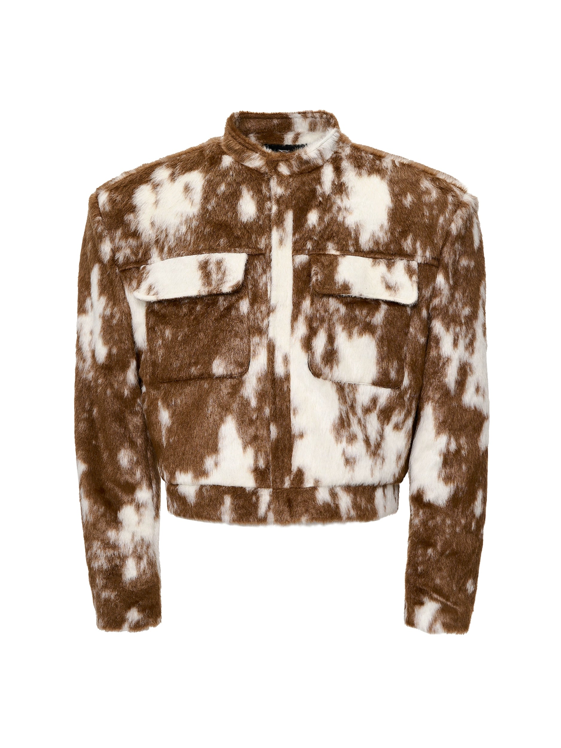 Brown and White Faux Fur Cropped Jacket