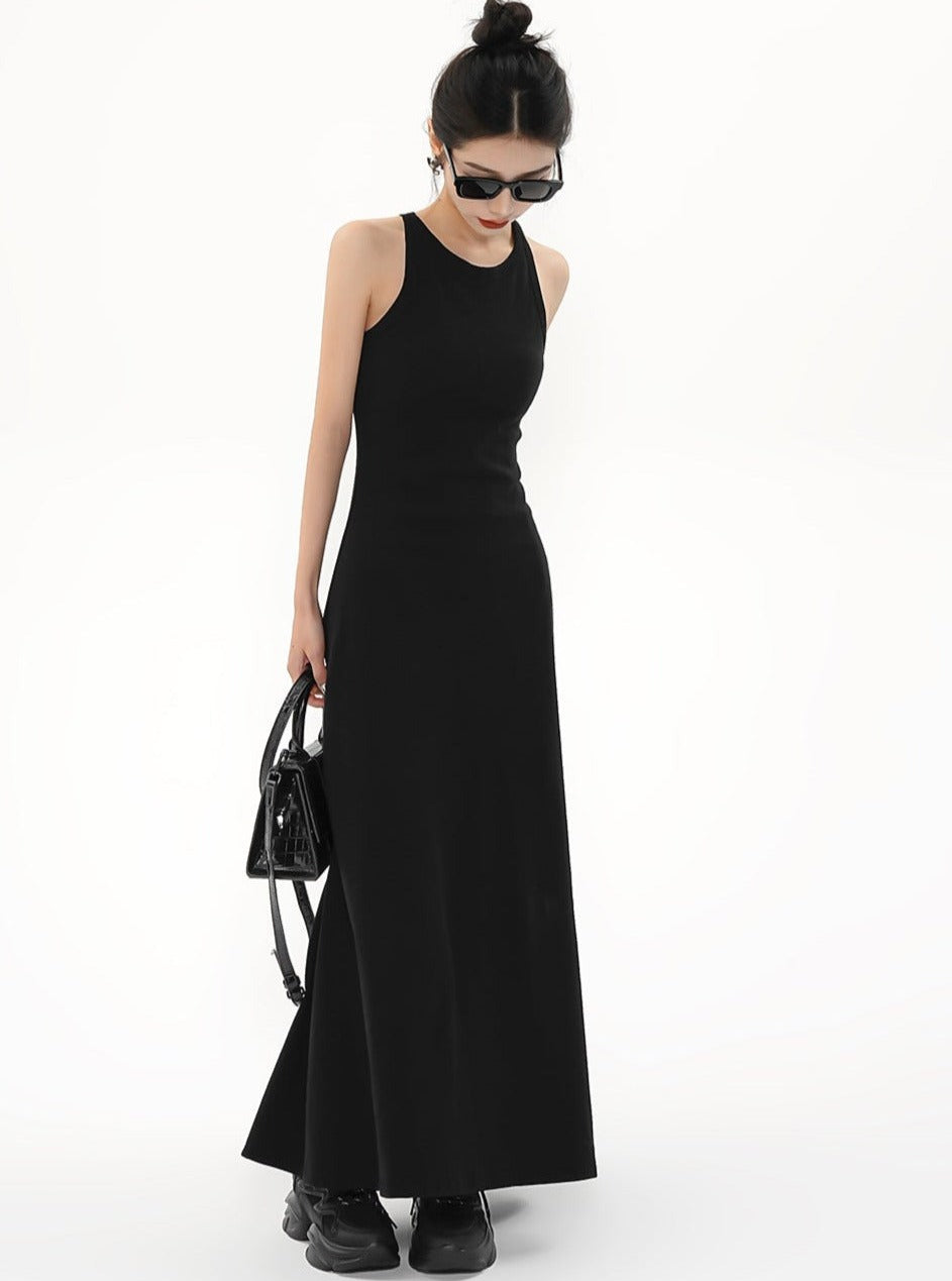 Vestido maxi negro sin mangas - vestido de noche columna de cuello alto