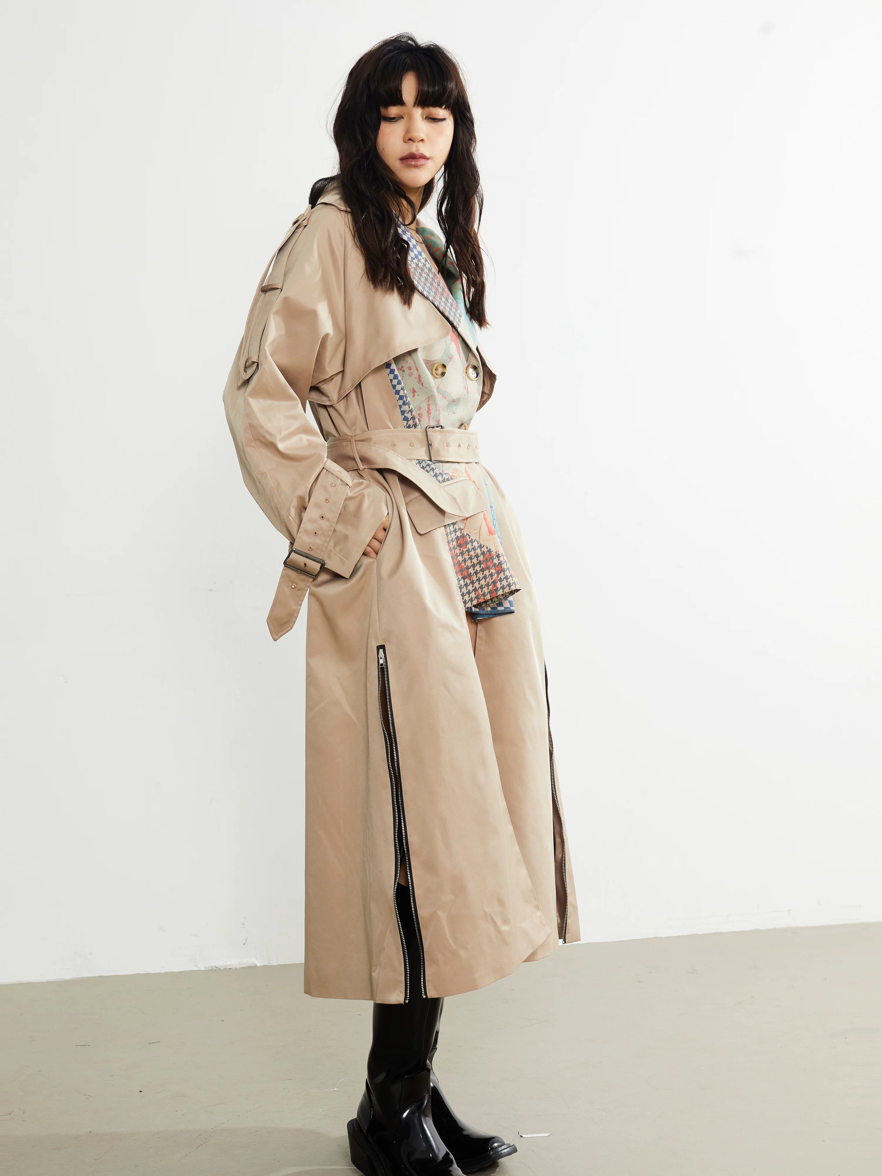 Patchwork Print Belted Trench Coat