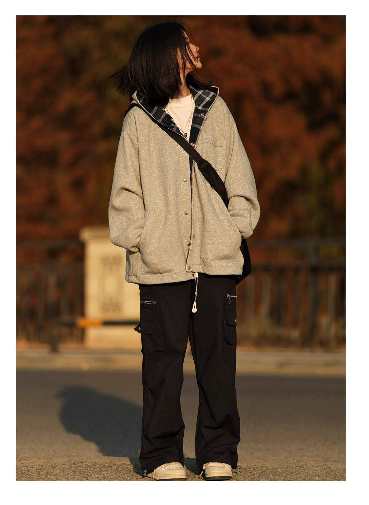 Button-Up Hoodie with Plaid Lining