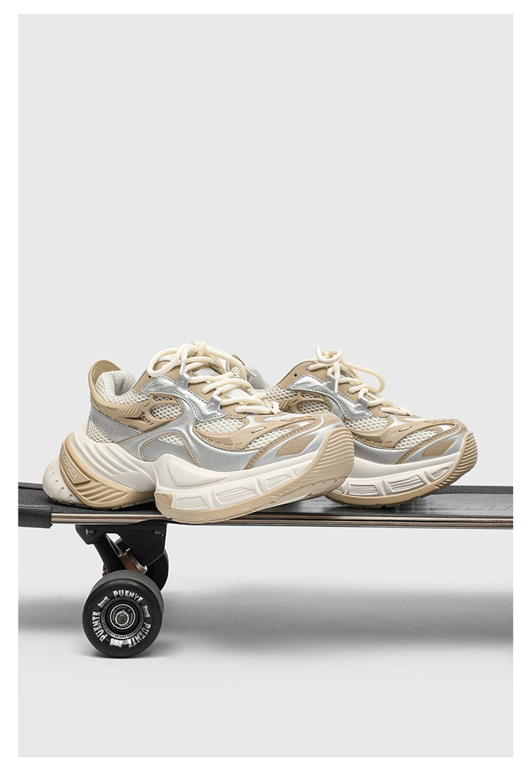 Chunky Futuristic Sneakers with Mesh Panels and Crisscross Detailing