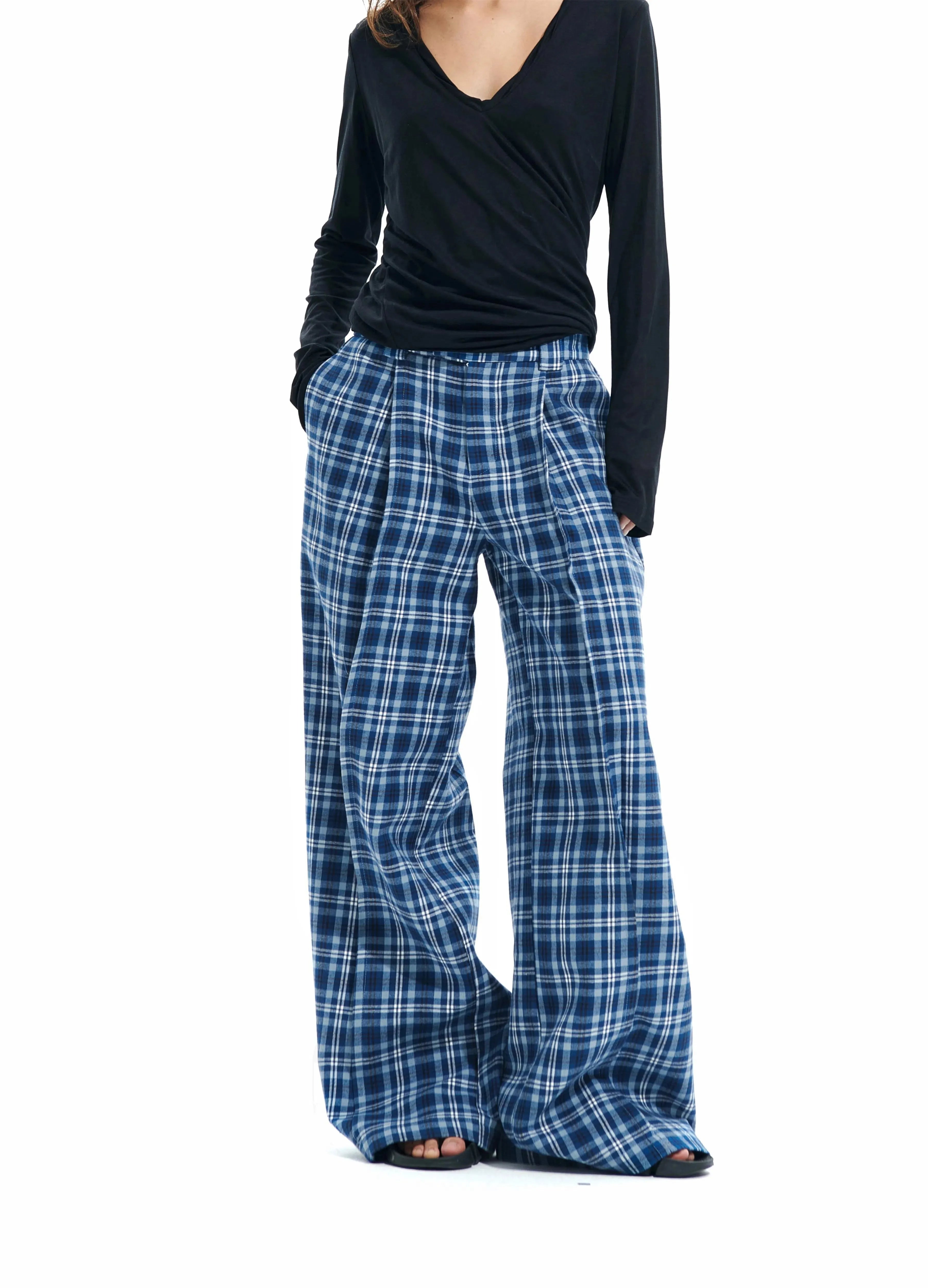 Plaid-Casu-Hosen mit weitem Bein
